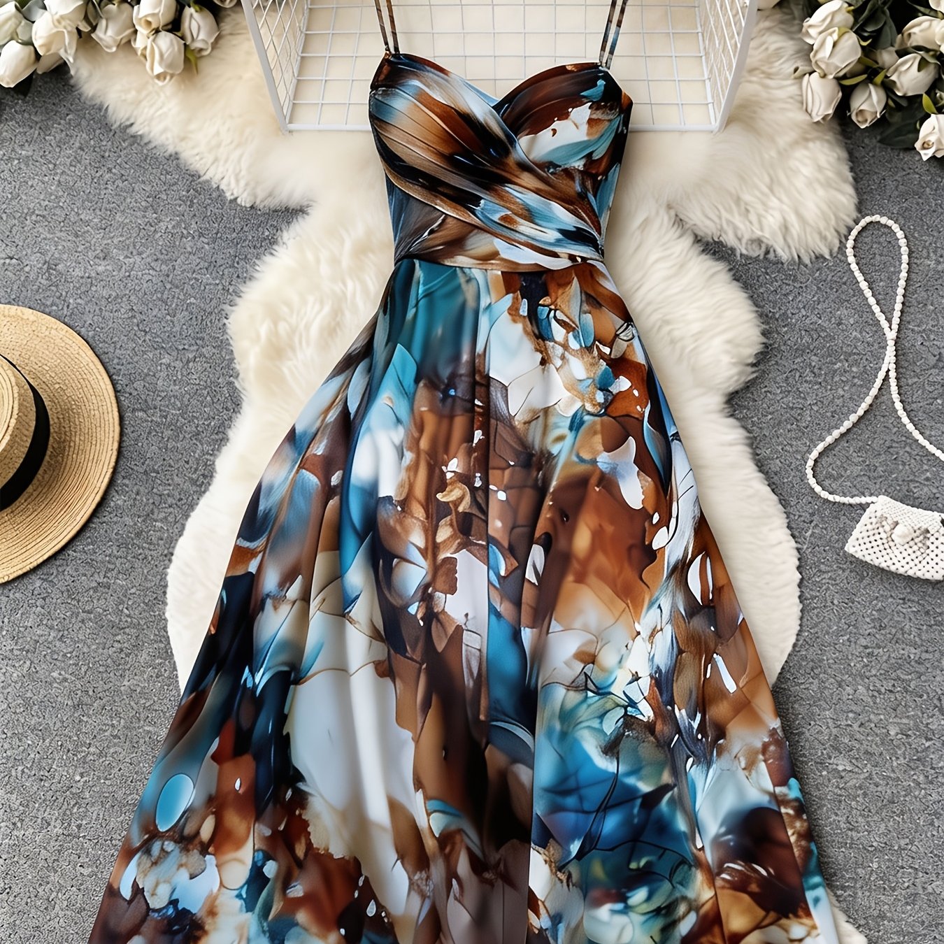 TEMU 1pc Women' Gradient Print Camisole Dress, Casual And Elegant High-waist Cross-back Waist-cinching Long Dress, Dating And Dinner Party Gown,