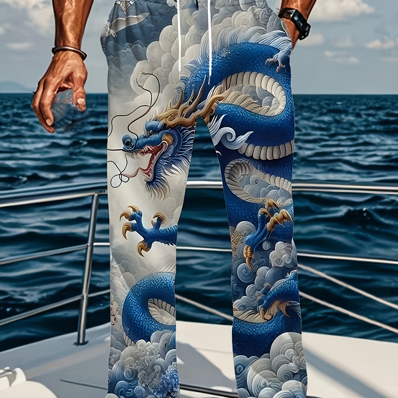 TEMU Men's Casual Loose Straight Pants - Featuring A Blue Pattern, Made From Lightweight Non-stretch Fabric Suitable For Spring, Summer, Plus Size