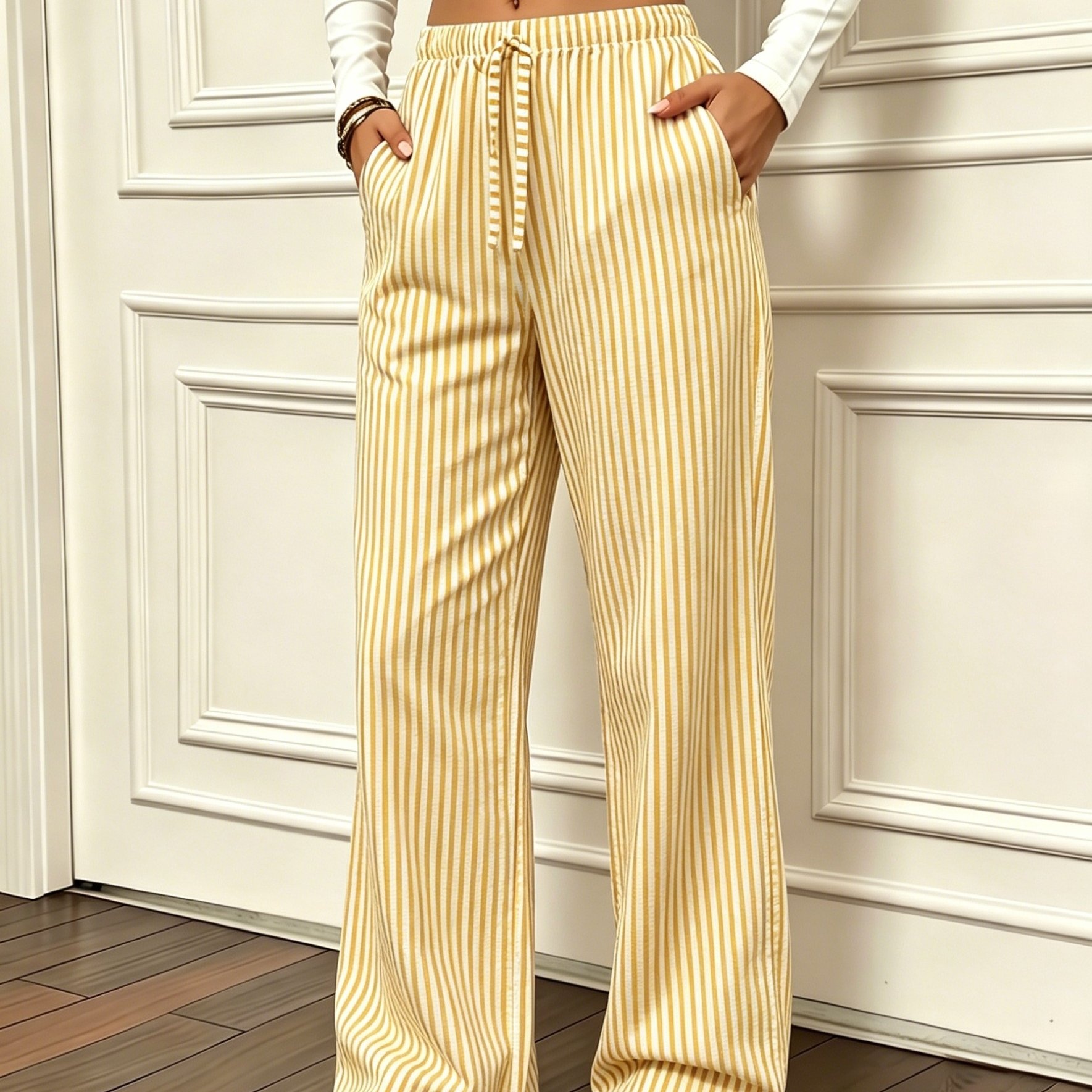 TEMU Women's Spring Autumn Striped Long Pants With Side Slant Pockets And Drawstring Beach Trousers, Sleepwear Suitable For Pants, Worn Outside,