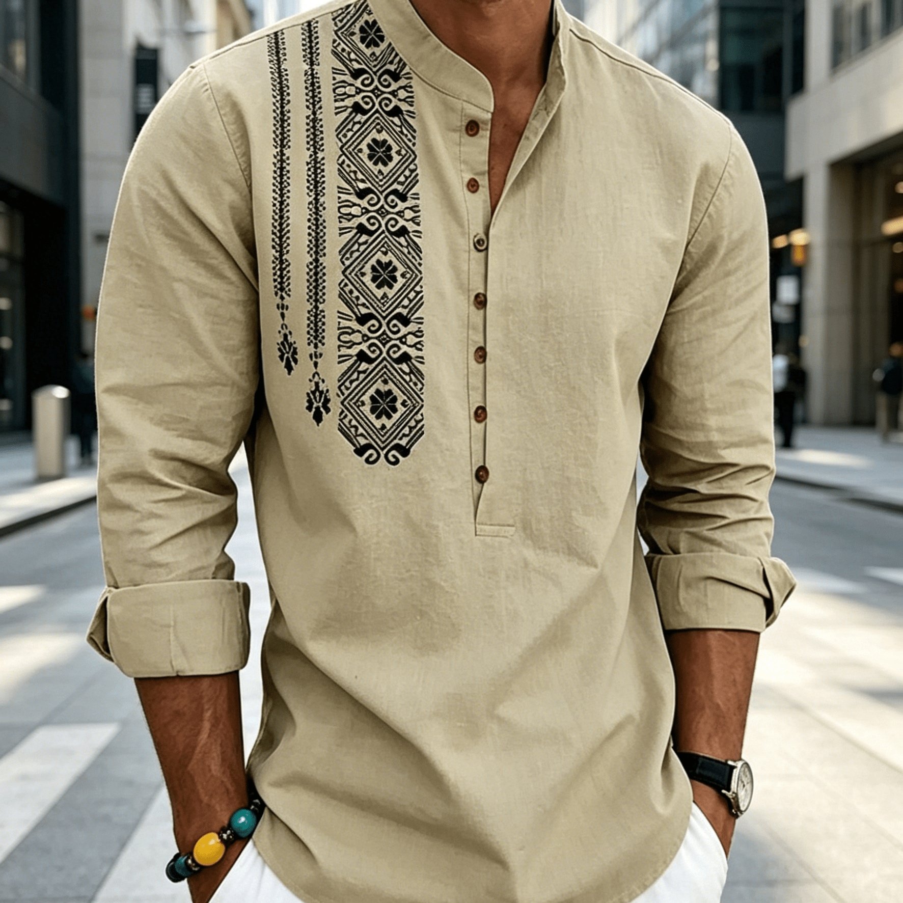TEMU 2026 's Bohemian Style Long-sleeve Shirt, Loose Fit, Casual And Versatile, With Henry Collar And Button- Design. Suitable For Daily , Travel,