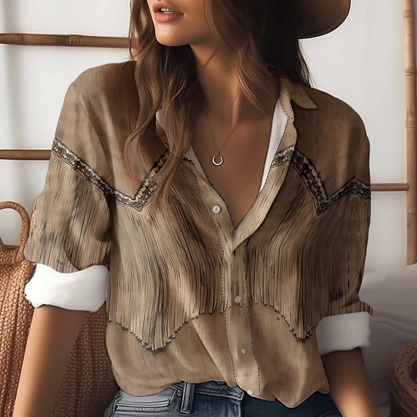 Women's Casual Long Sleeve Shirt With Geometric Pattern - Polyester, Machine Washable, Collared Design For Casual Attire
