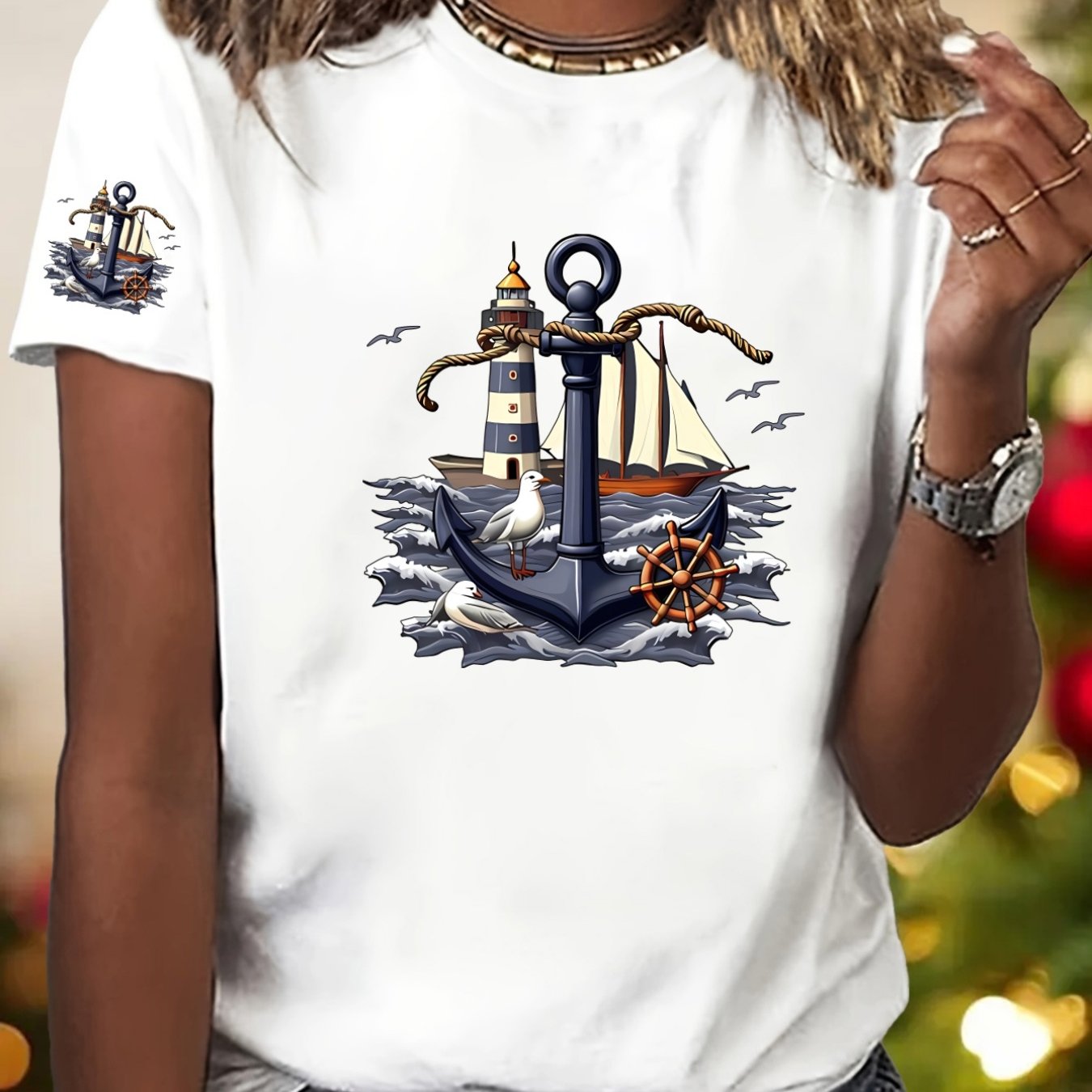 TEMU Neck Short Sleeve T-shirt With Nautical Lighthouse And Anchor Seagull Surrounding Sailboat Embellishment Print - Elegant Fashion - Y2k - Women's