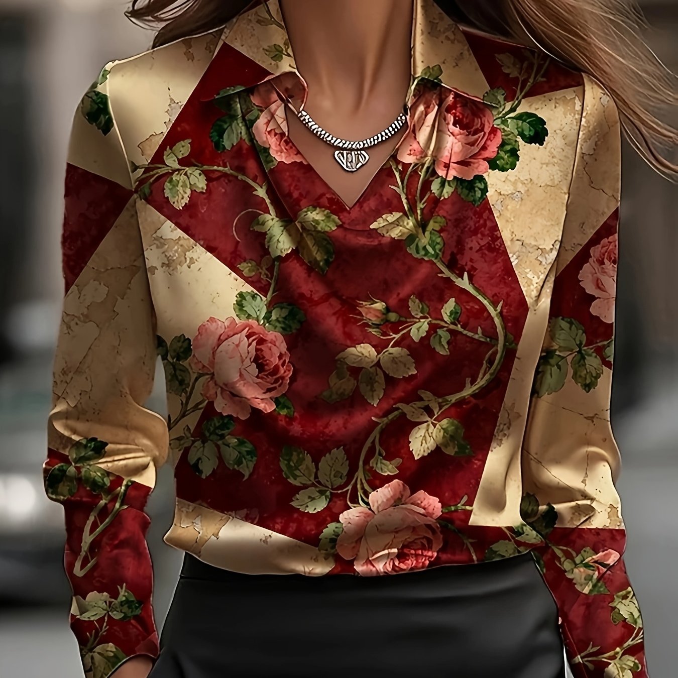 TEMU Women's Satin Shirt With Elegant Floral Pattern, Stylish And Versatile, Long Sleeves And High Neck, Regular , Suitable For Work, Daily Wear, And