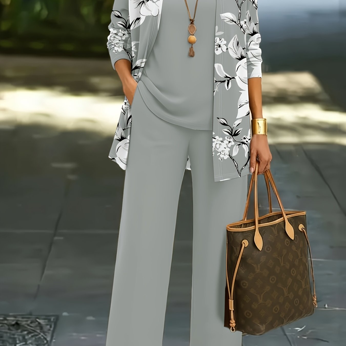 E-shop 3-teiliges Damen-Set: Blumenmuster Cardigan-Jacke mit Westen-Top eleganter Freizeithose, unverzichtbar für lässige Outfits