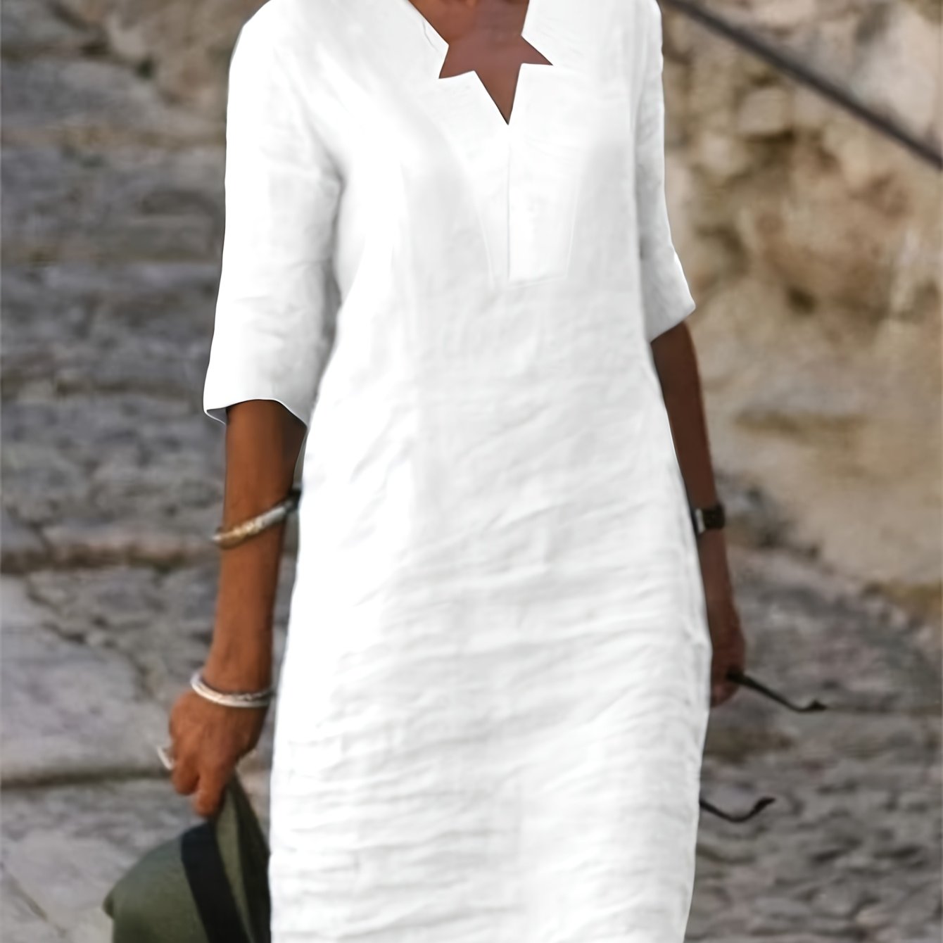 Solid Color Loose V-neck Short Sleeve Dress