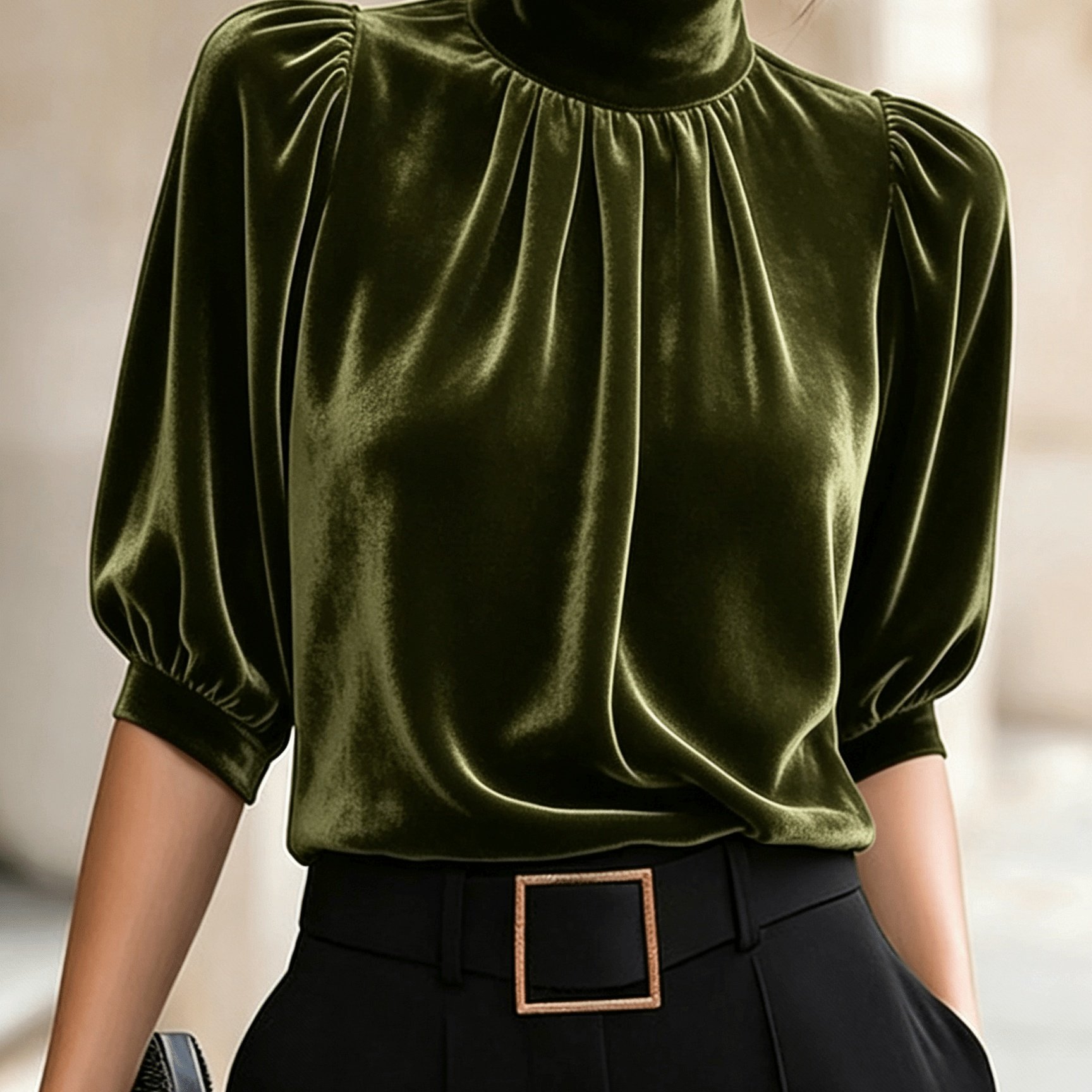 TEMU Qd260720056 Directional Women's Elegant Pleated High-neck Top Temperament Commuter Puff Sleeve Base Layer