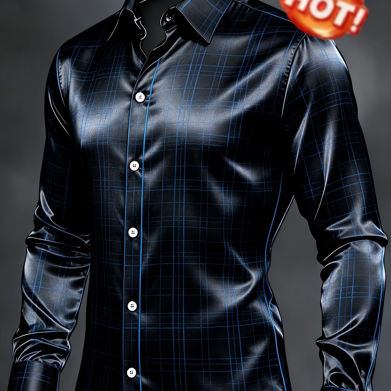 Image of Men's Black Blue Shiny Long Sleeve Shirt Classic Fashion Top