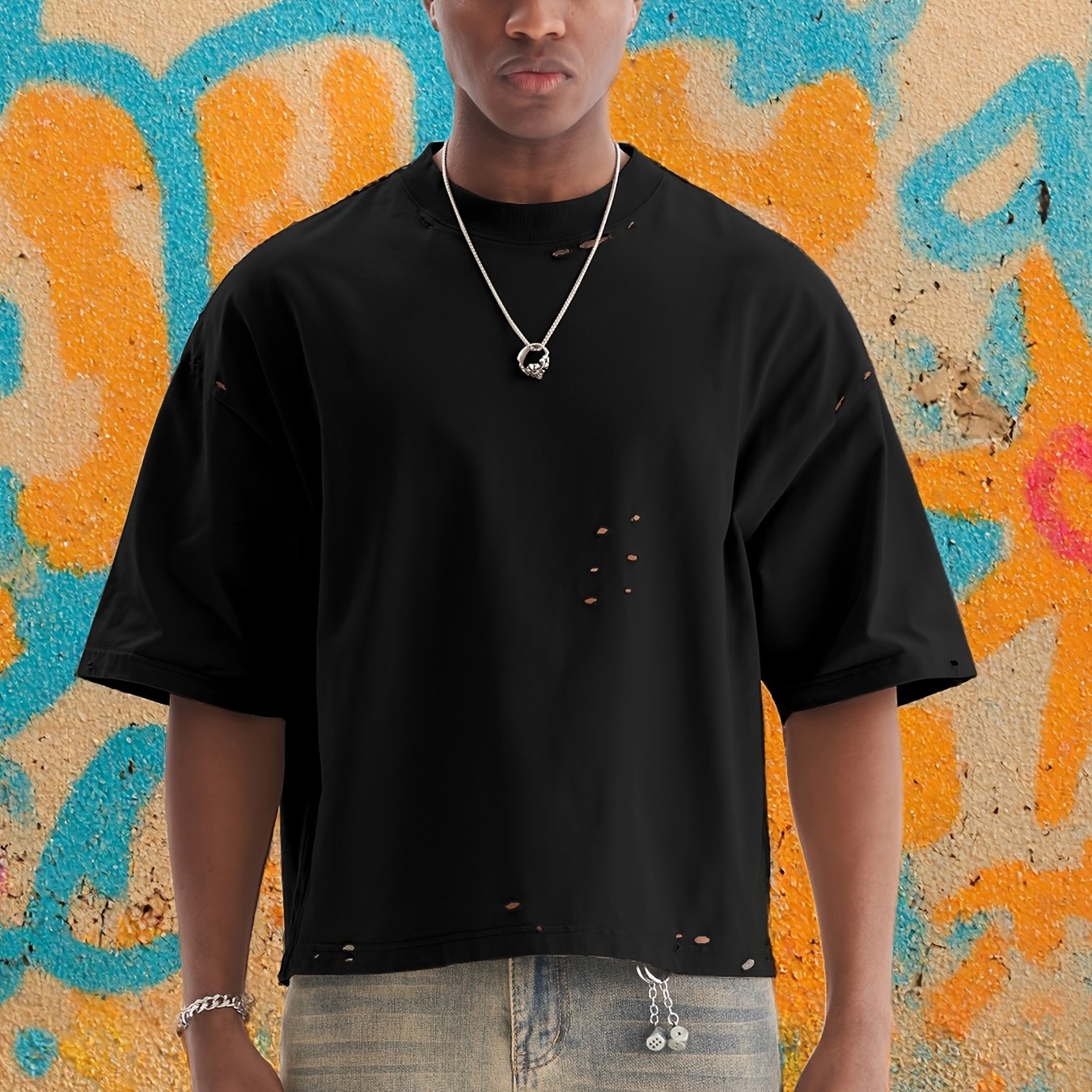 Image of Vintage Men Cropped Boxy Fit T-shirt 100% Cotton Loose-fitting Short-sleeved T-shirt Washed Distressed T-shirt 270g Heavyweight Ripped Streetwear Top Oversized Drop Shoulder Round-neck T-shirt For Men