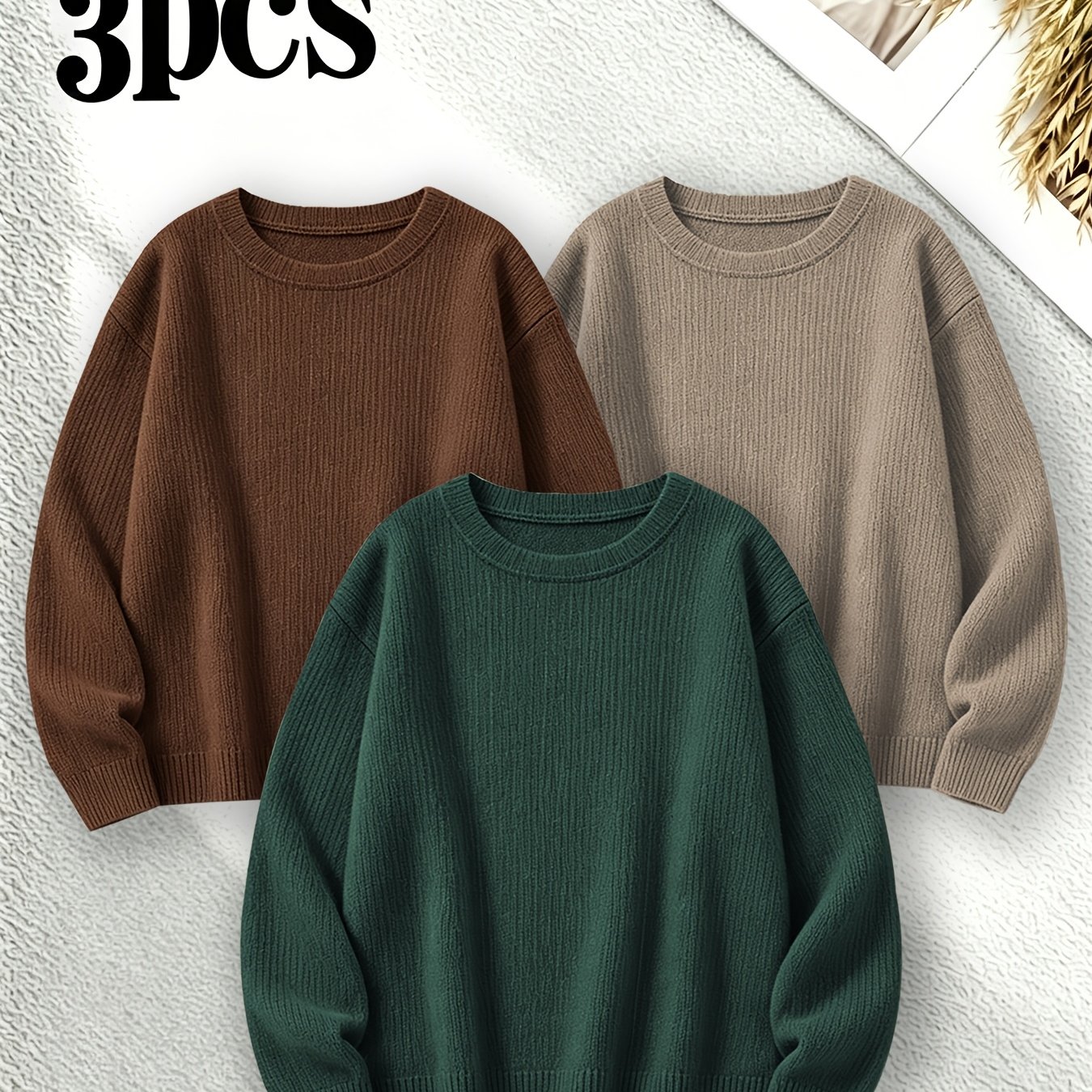TEMU 3pcs Set Of Warm Tops, Women's Round Neck Knitwear For Autumn And Winter, Machine Washable, Stylish Fashion Pieces For Fall And Winter