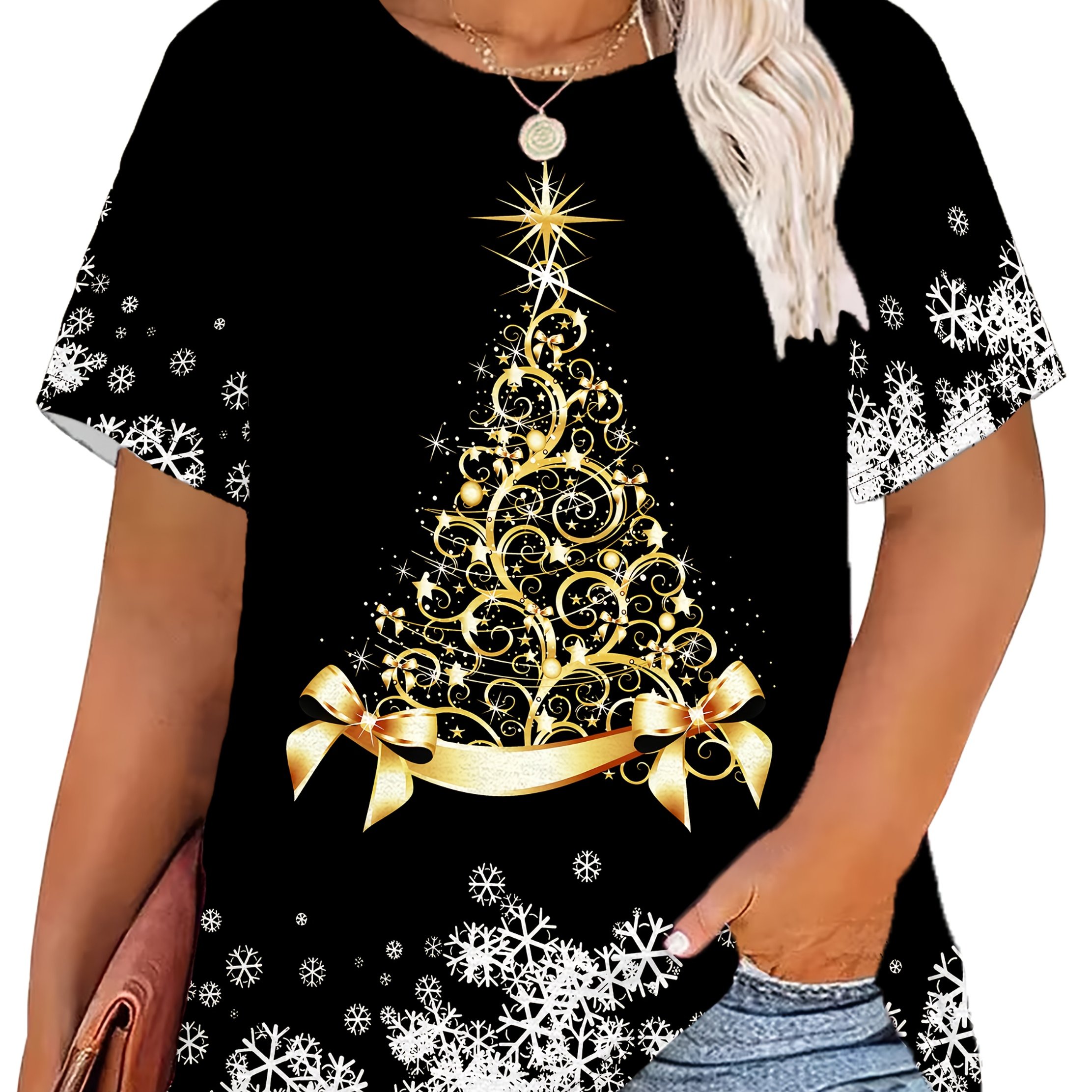 TEMU Plus Size - Plus Size - Christmas Tree Printed Round Neck T-shirt, Casual Short-sleeve Top, Suitable For Autumn And Winter, Plus Size Women's