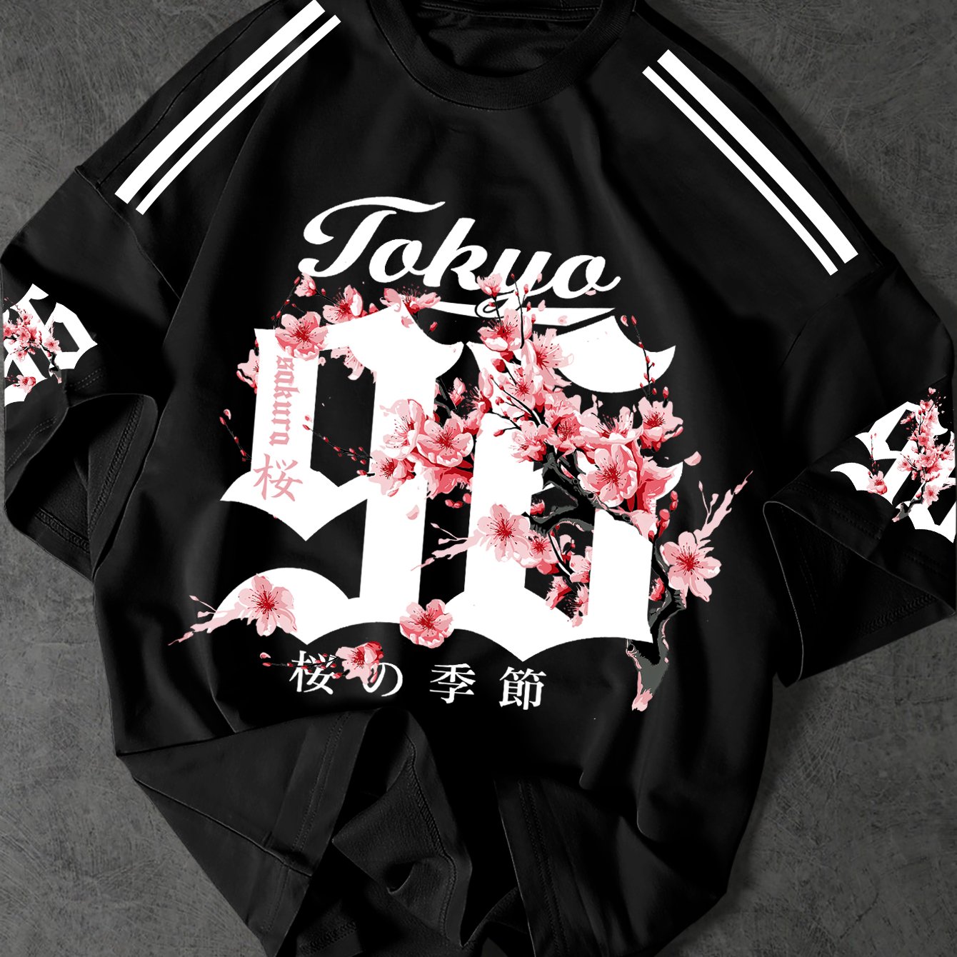 TEMU 's T-shirt, Trendy Urban Style Tokyo Cherry 96 Number Element Print T-shirt
