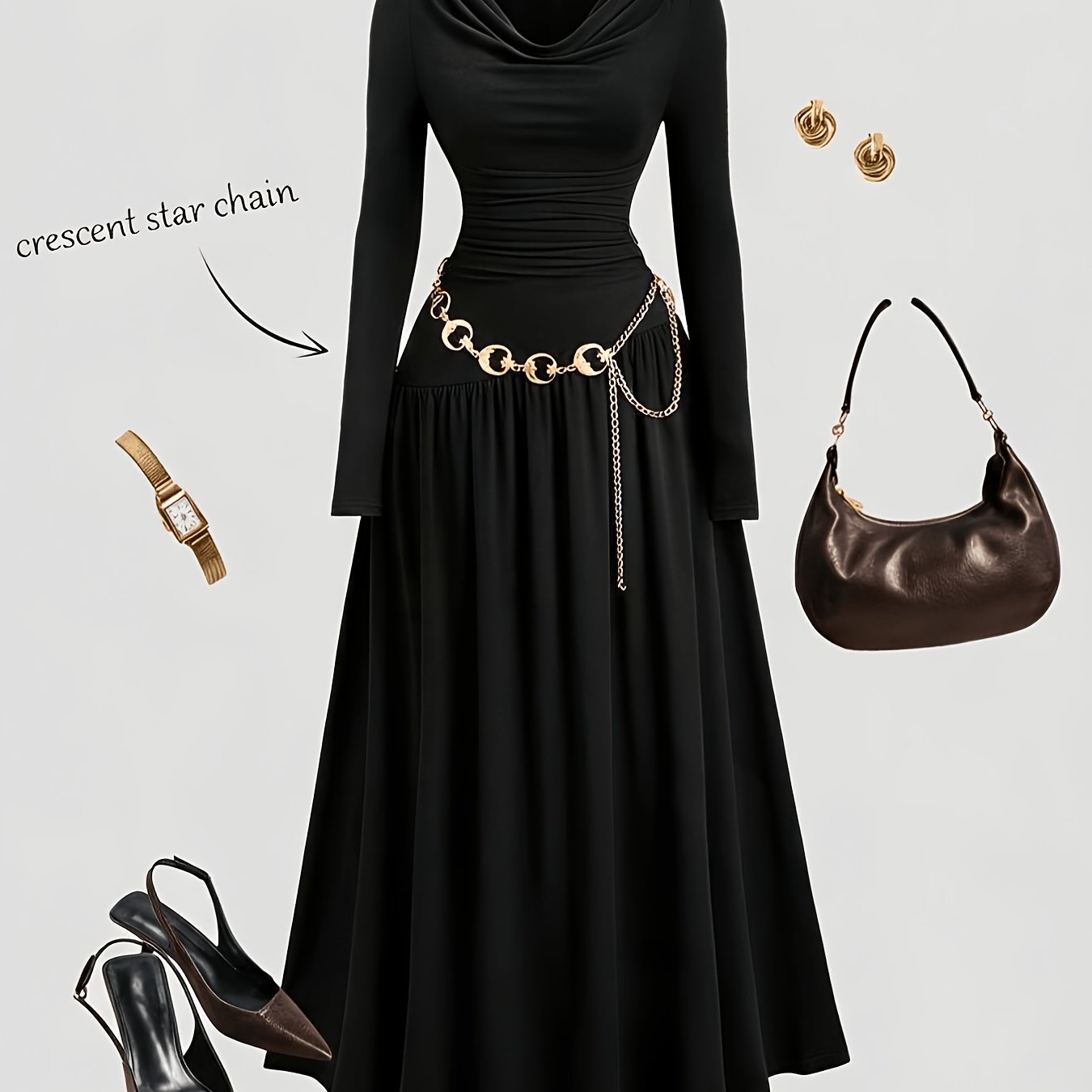 TEMU Women'-/winter Dress With A Deep Neckline And Long Sleeves, Simple Yet Elegant