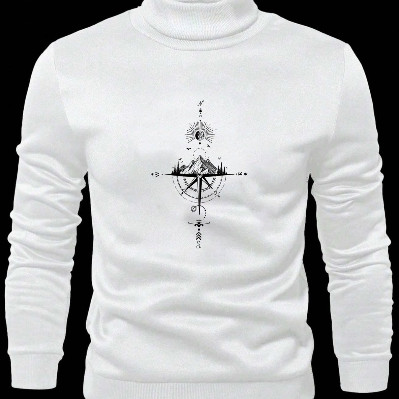 TEMU Directional , Outdoor Adventure Print Men's High-neck Long-sleeve Sweatshirt, Pullover, Worn As A Base Layer Or Outerwear, Stylish Men's