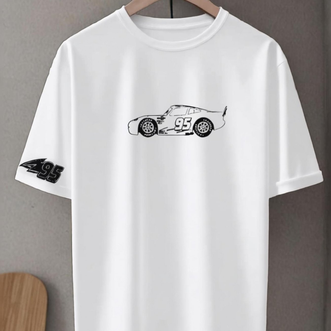 TEMU Men's Crew Neck T-shirt, Printed With Racing Stripe Pattern With 95 Logo, Gear Decoration At , . 95 Is Printed On The Left Cuff
