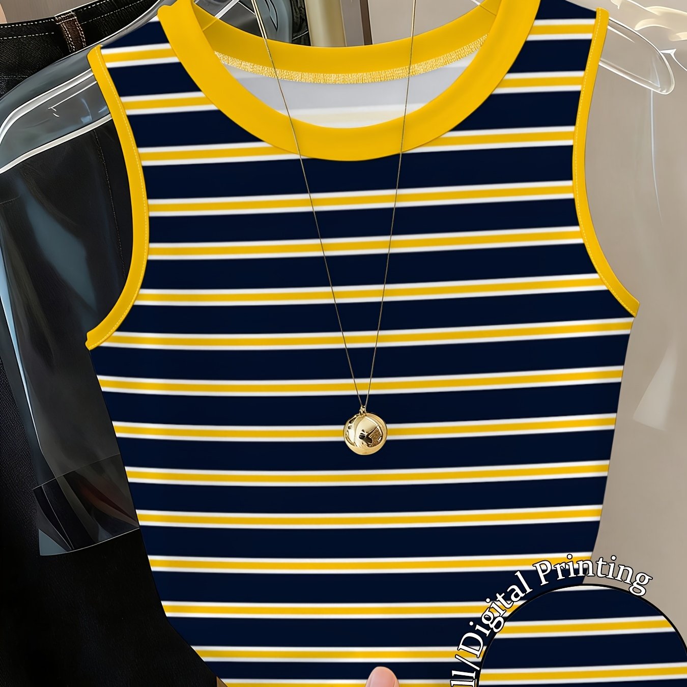 TEMU Women's Striped Y2k Crew Neck Printed Tank Top, Slim Fit Sleeveless Top For Summer