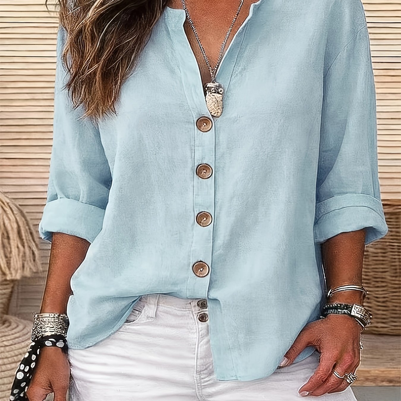 TEMU Solid Color Shirt, Round Neck Button-up, Loose Fit, Casual Wear, Spring Summer Women's Shirt