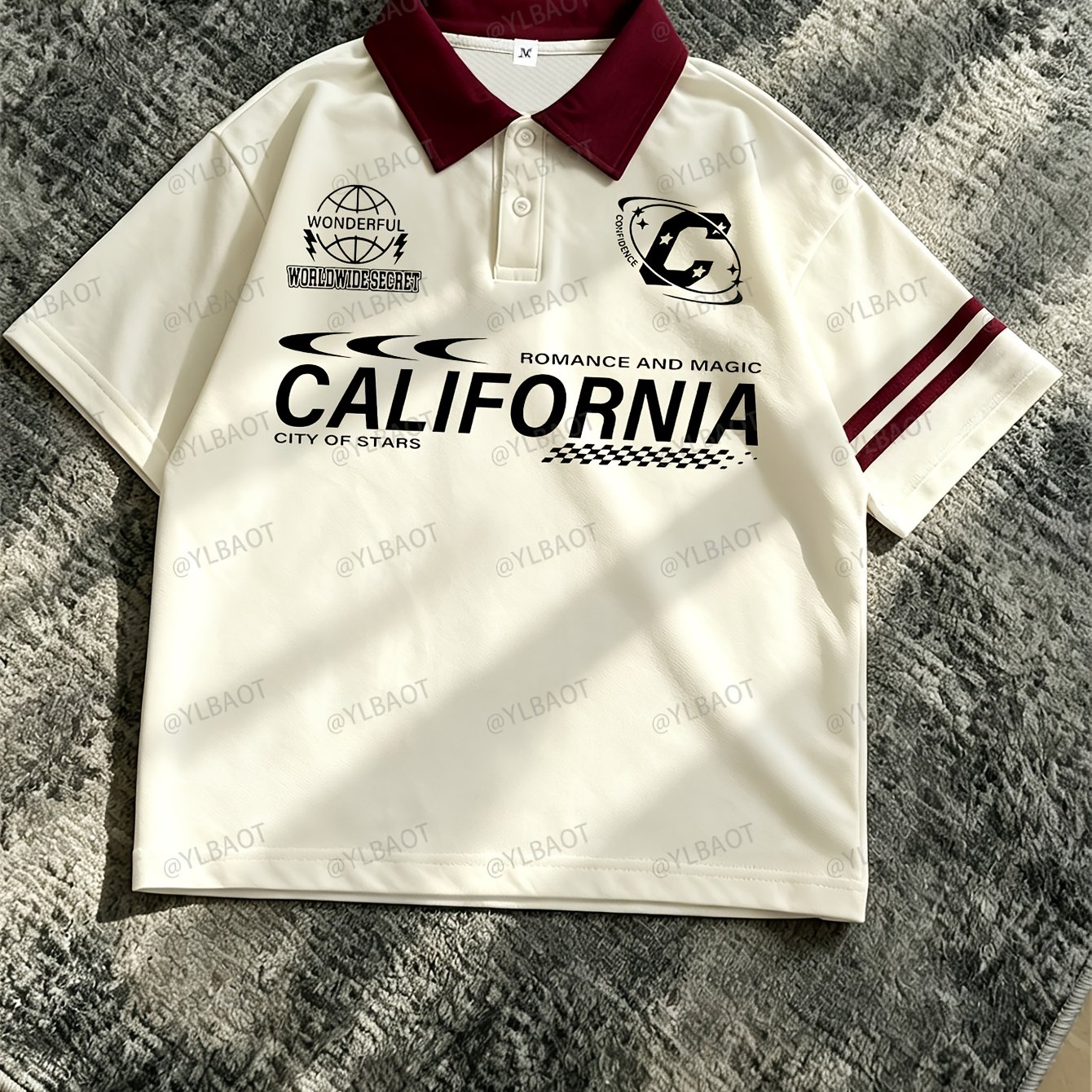 TEMU California State Letter Print Contrast Collar Shirt, Style Casual Short Sleeve Top