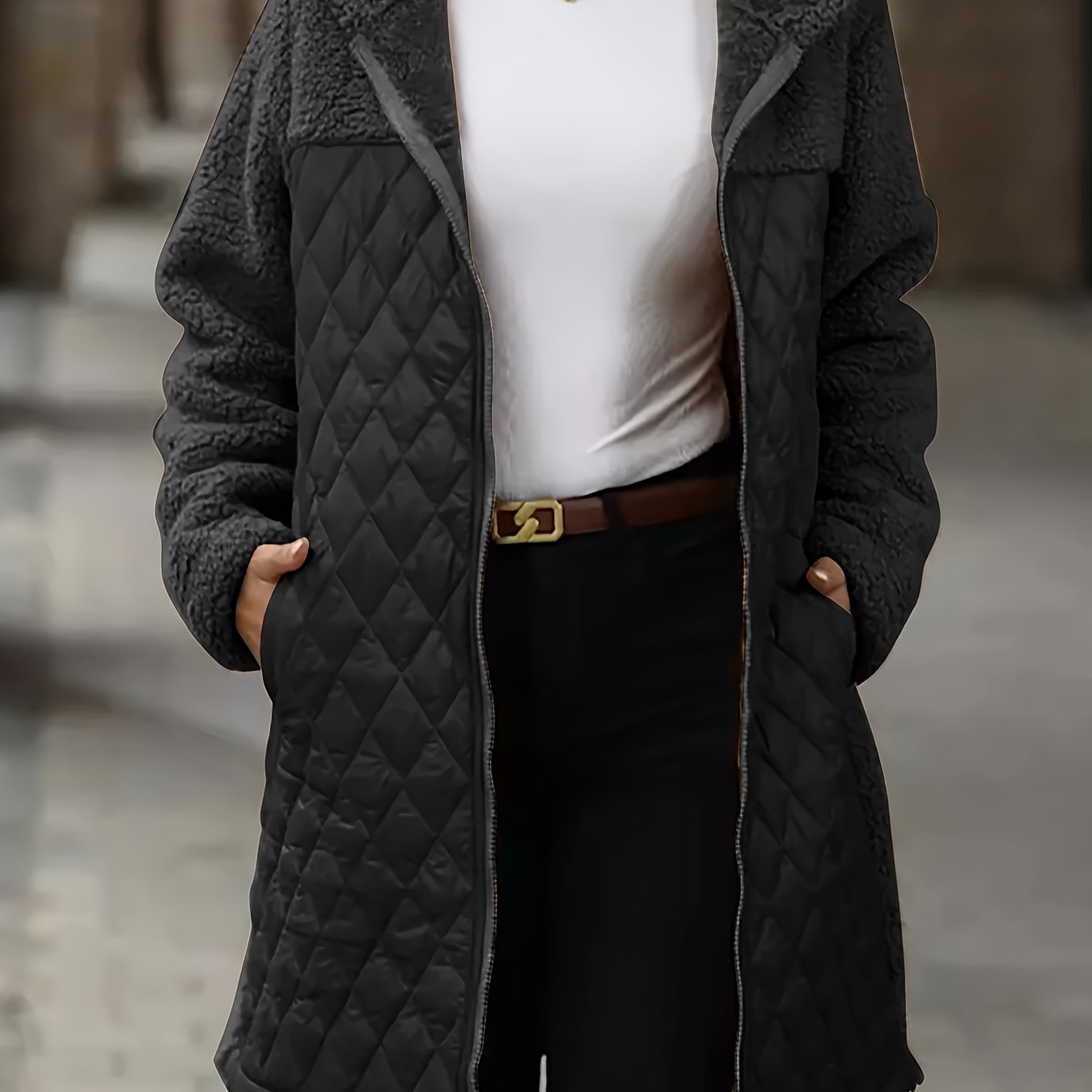 Argyle Plush Hooded Spliced Coat Warm Mid-length Coat