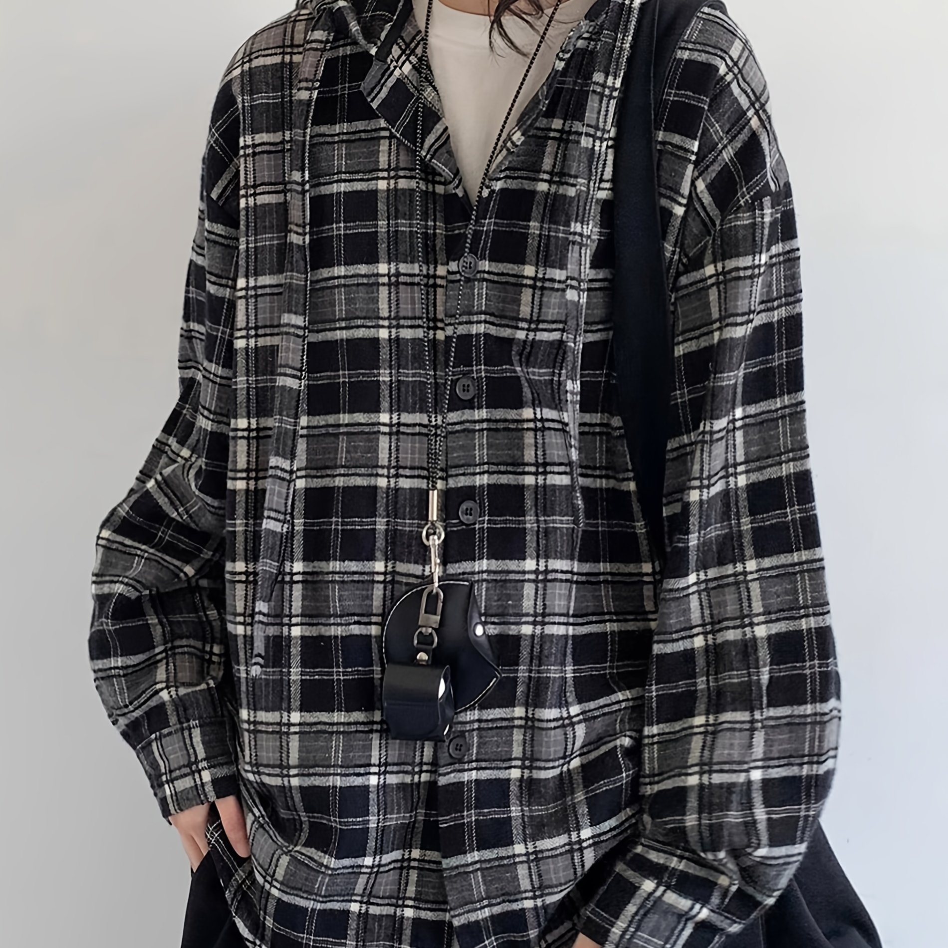 TEMU メンズシャツ、チェック柄、カジュアル、ファッション、ルーズ、フード付きチェック柄シャツ、春秋