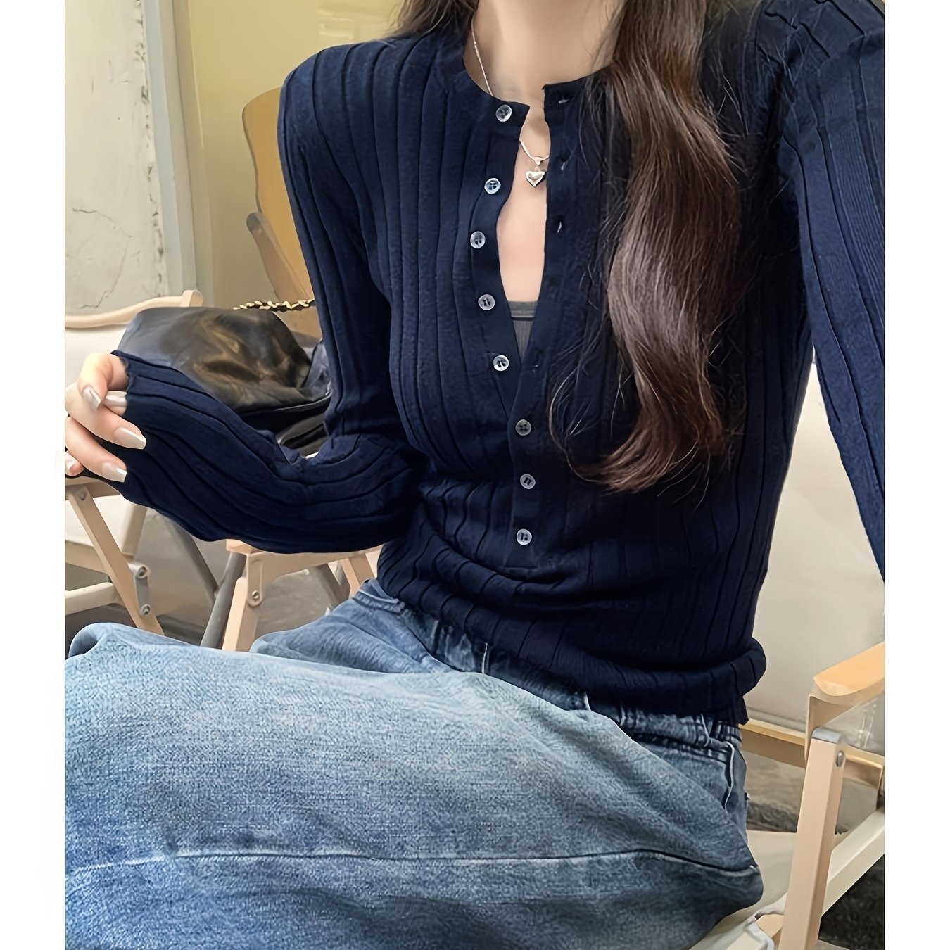 TEMU Ladies' 2026 Autumn-winter New Underwear Top, Navy Blue, Fashionable Fitting Long-sleeve Sweater