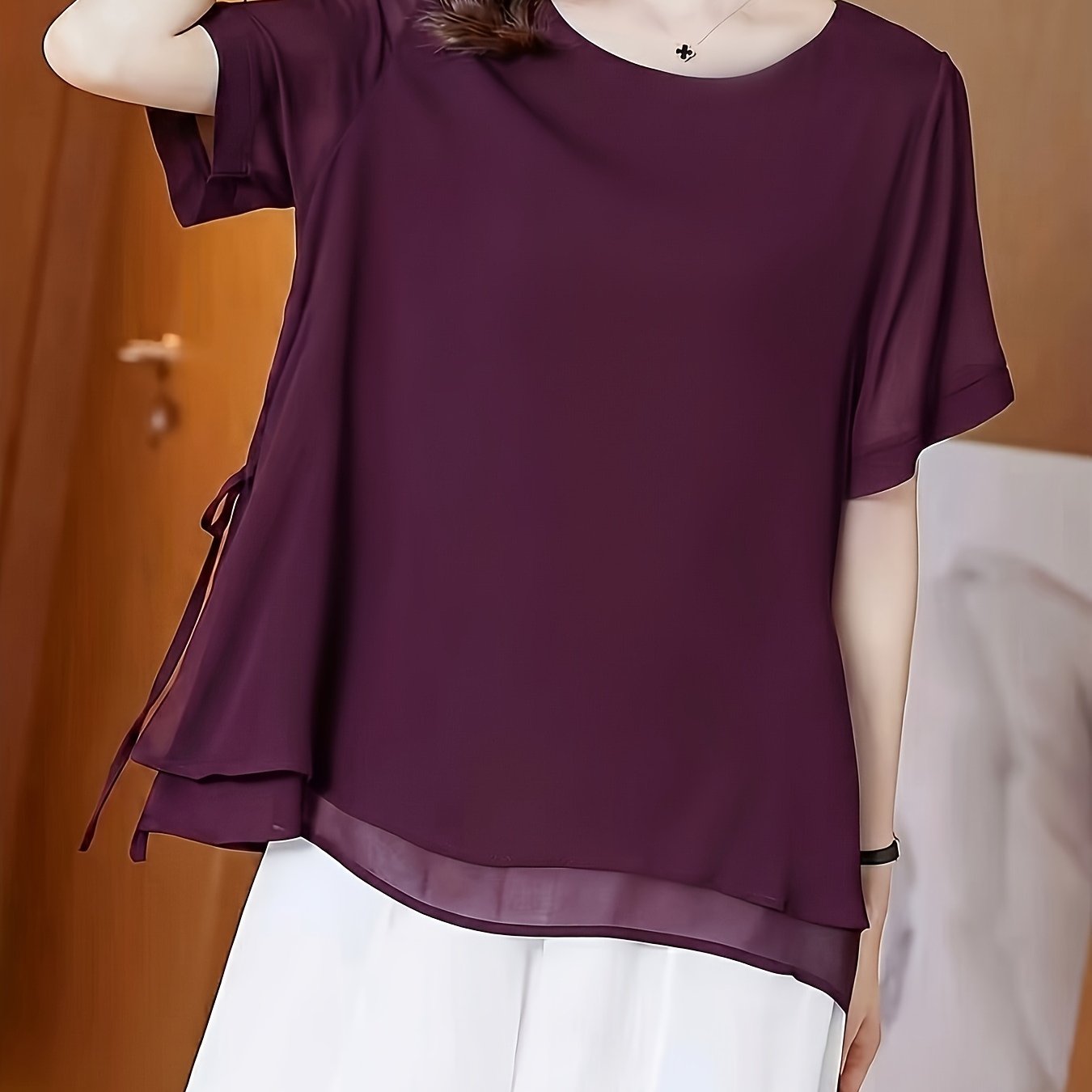 TEMU Summer Round Neck Solid Color Chiffon Mommy Outfit Chic Tummy-covering Double-layer Tie-back Short Sleeve Blouse Women's