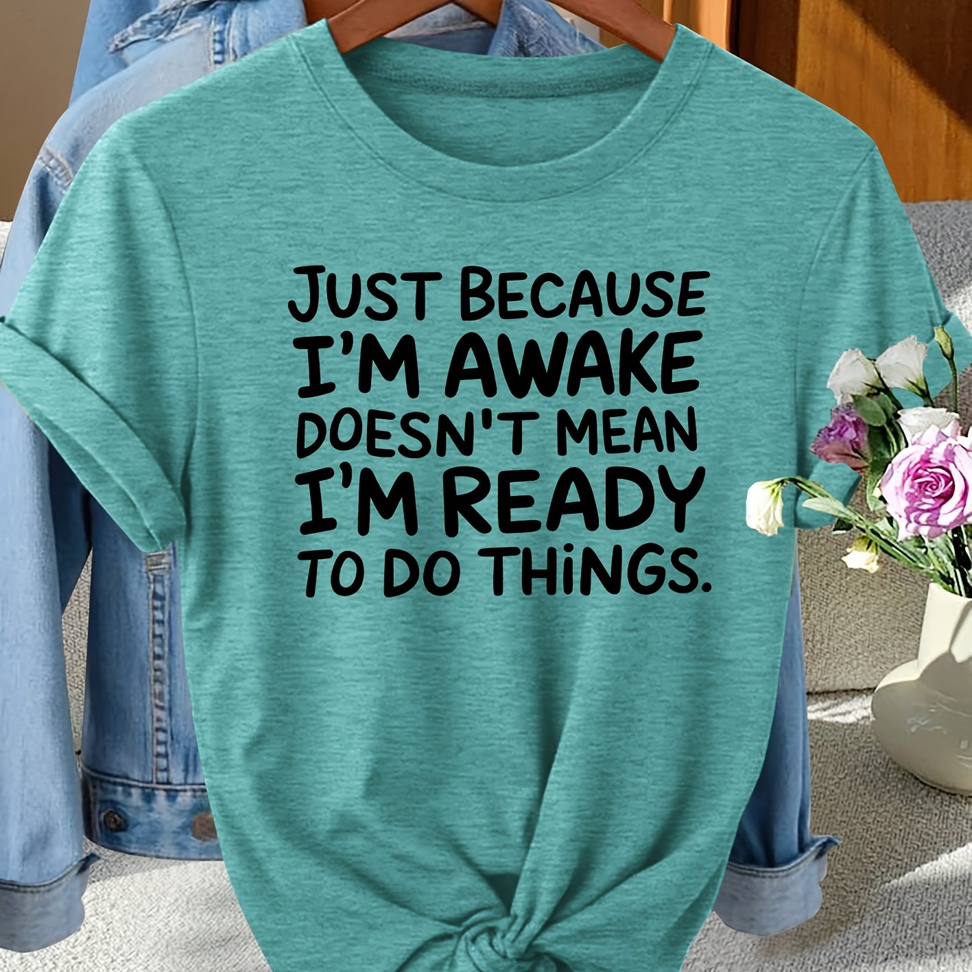 TEMU Women's Vintage " I'm Awake" T-shirt - Short Sleeve Round Neck Blouse-compatible Top Suitable For Photoshoots, Commuting & Casual Attire, Spring