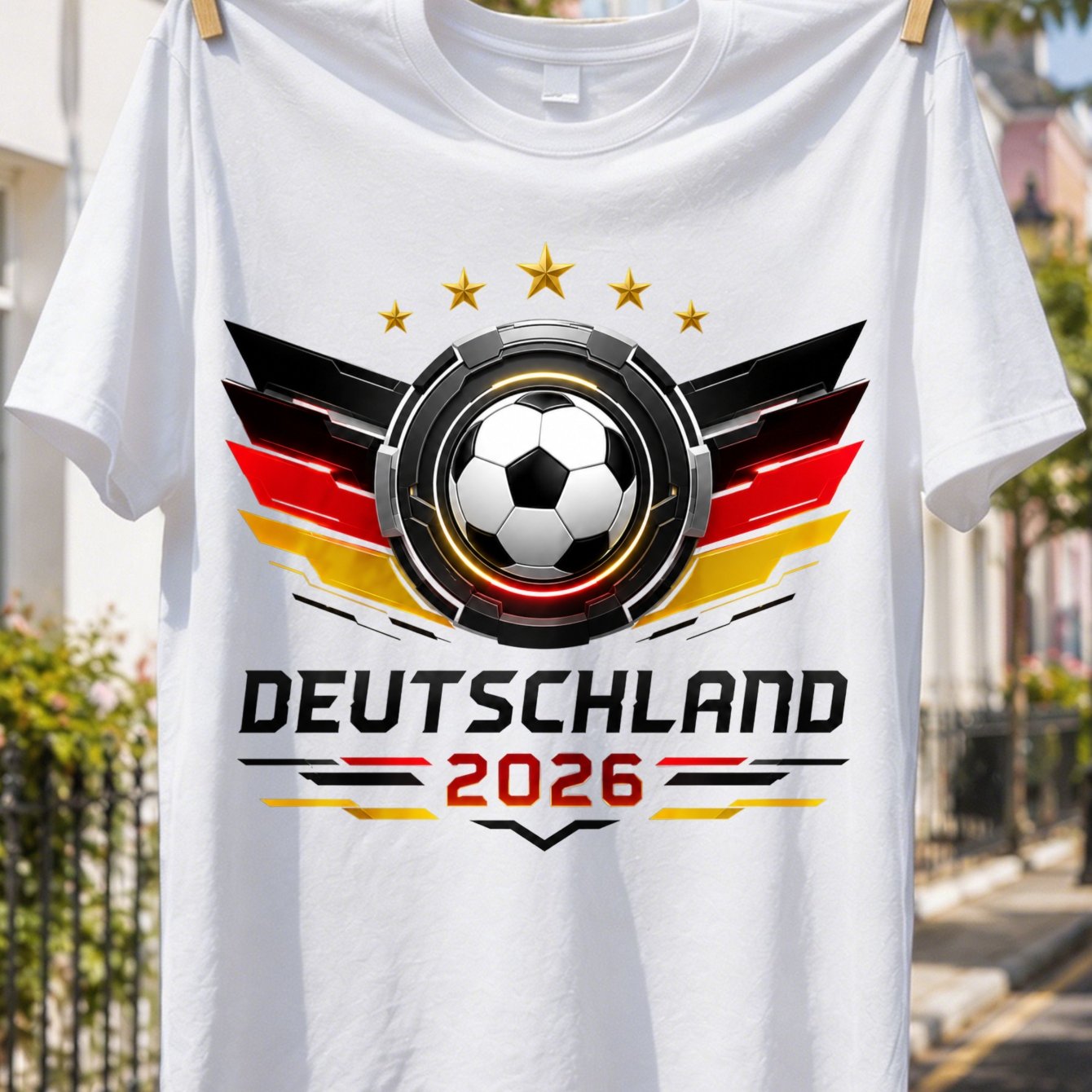 Germany 2026 Graphic T-shirt, Angled Flag Stripes, Soccer Ball, Stars And Sporty Black Red Golden