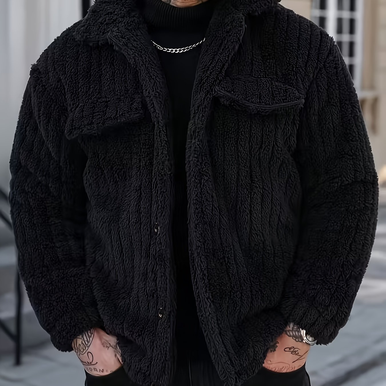 E-shop Herrenjacke mit gestreiftem Kragen und Einreißknopf - Weiche Sherpa Jacke, maschinenwaschbare Freizeitjacke für kaltes Wetter, formelle und