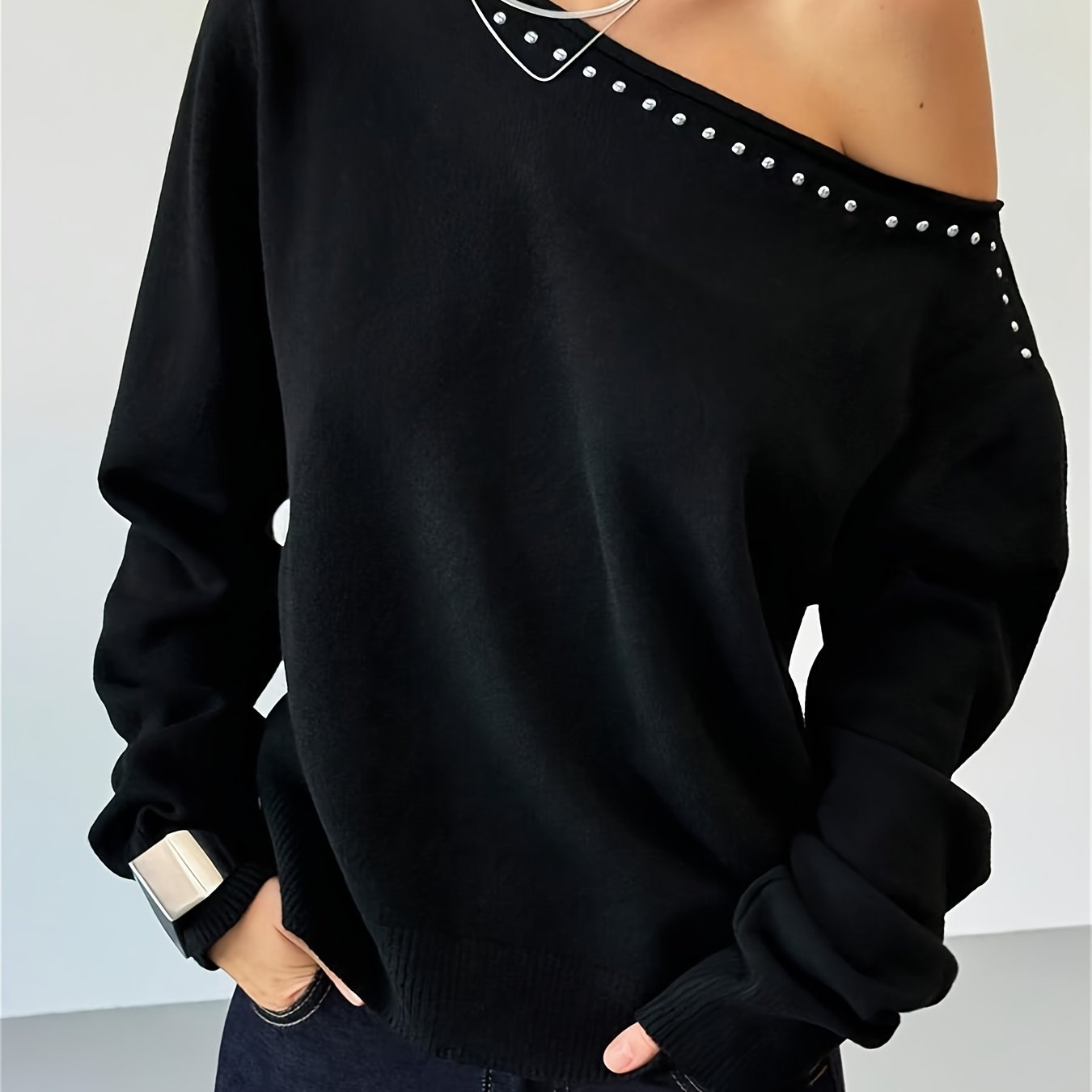 TEMU Pull décontracté femme printemps, nouveau modèle, sexy, épaules rétro, rivets décoratifs