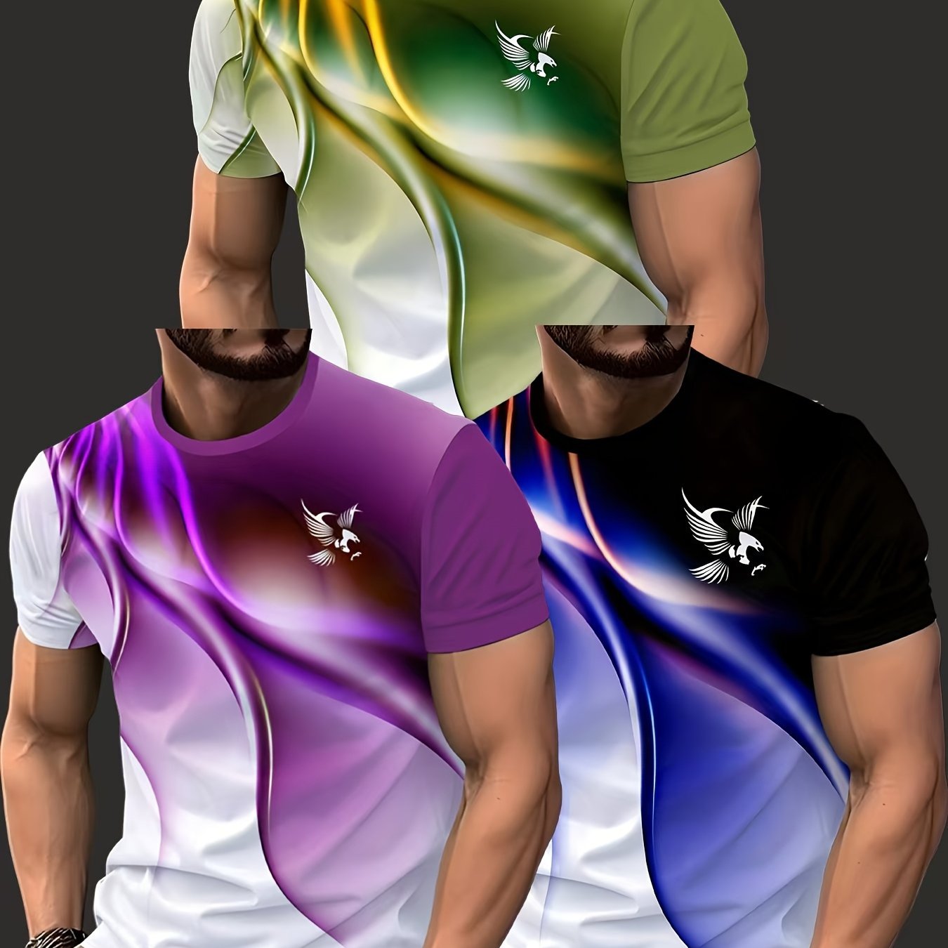 TEMU 3pcs Men's Casual Short Sleeve T-shirt Set - Vibrant Geometric Bird Pattern, Gradient Design, Round Neck Regular Fit, Machine Washable Daily