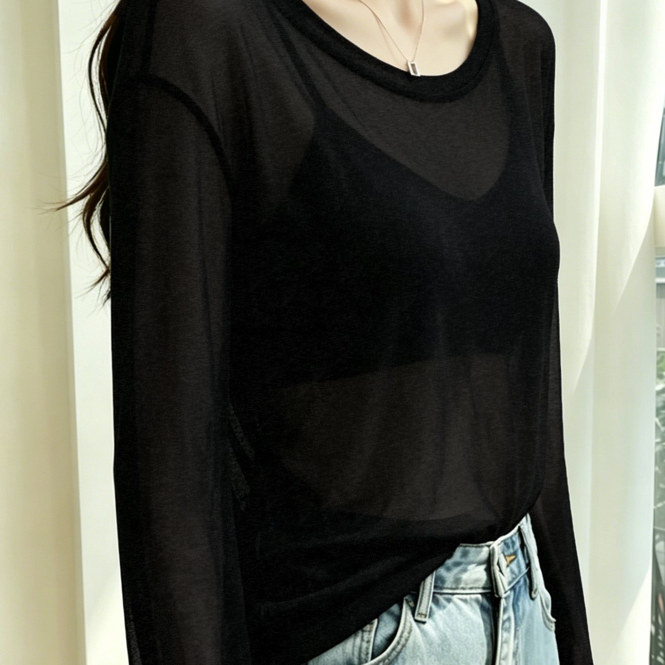 TEMU Round Neck Sheer Long Sleeve T-shirt Women's Loose Thin Summer Top Pullover Air-conditioning Cardigan
