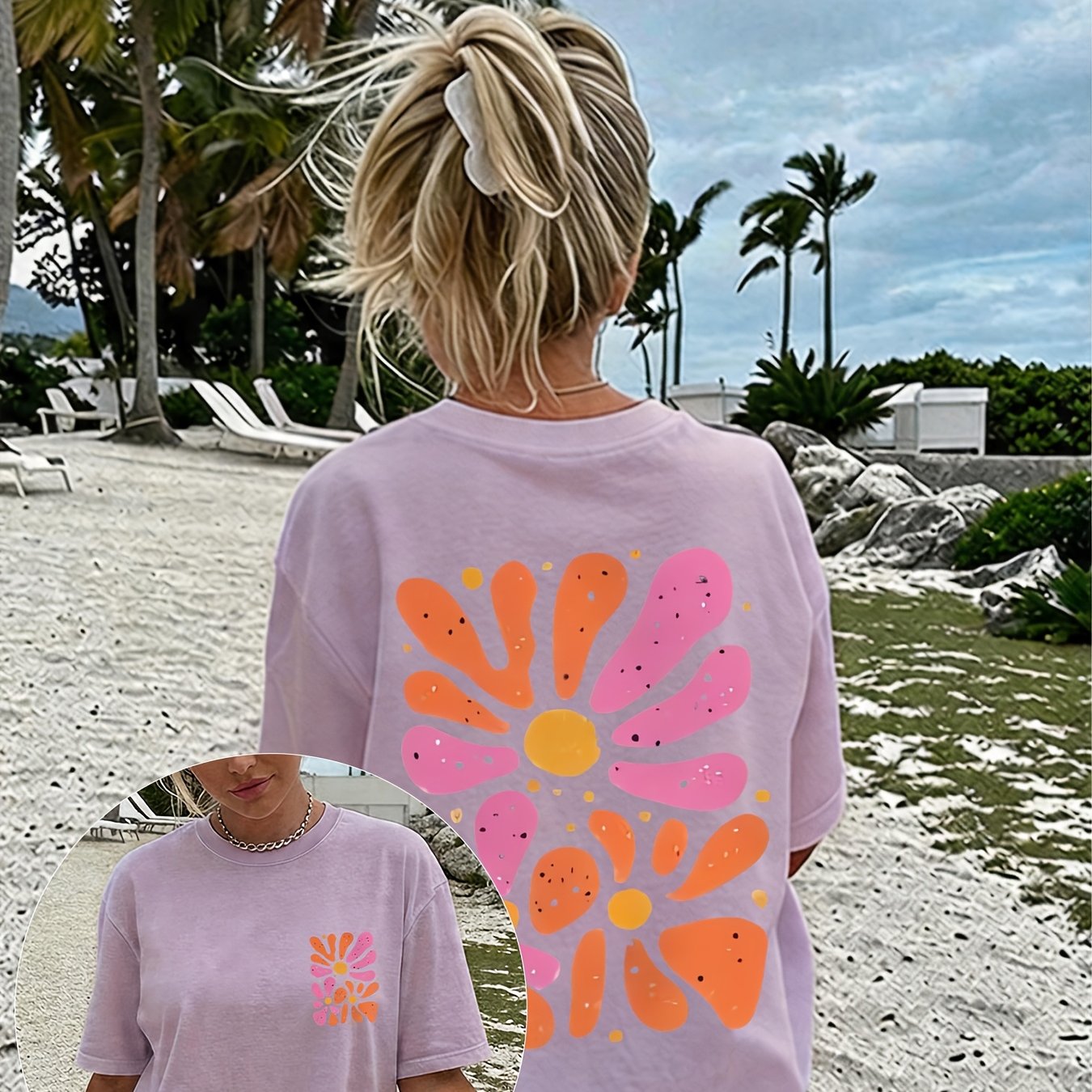American Dopamine Gradient Sunflower Pattern Print, Women's Round Neck Short Sleeve T-shirt, Women's Athletic T-shirt, Casual Fashion, Easy Style, Suitable For Daily Wear