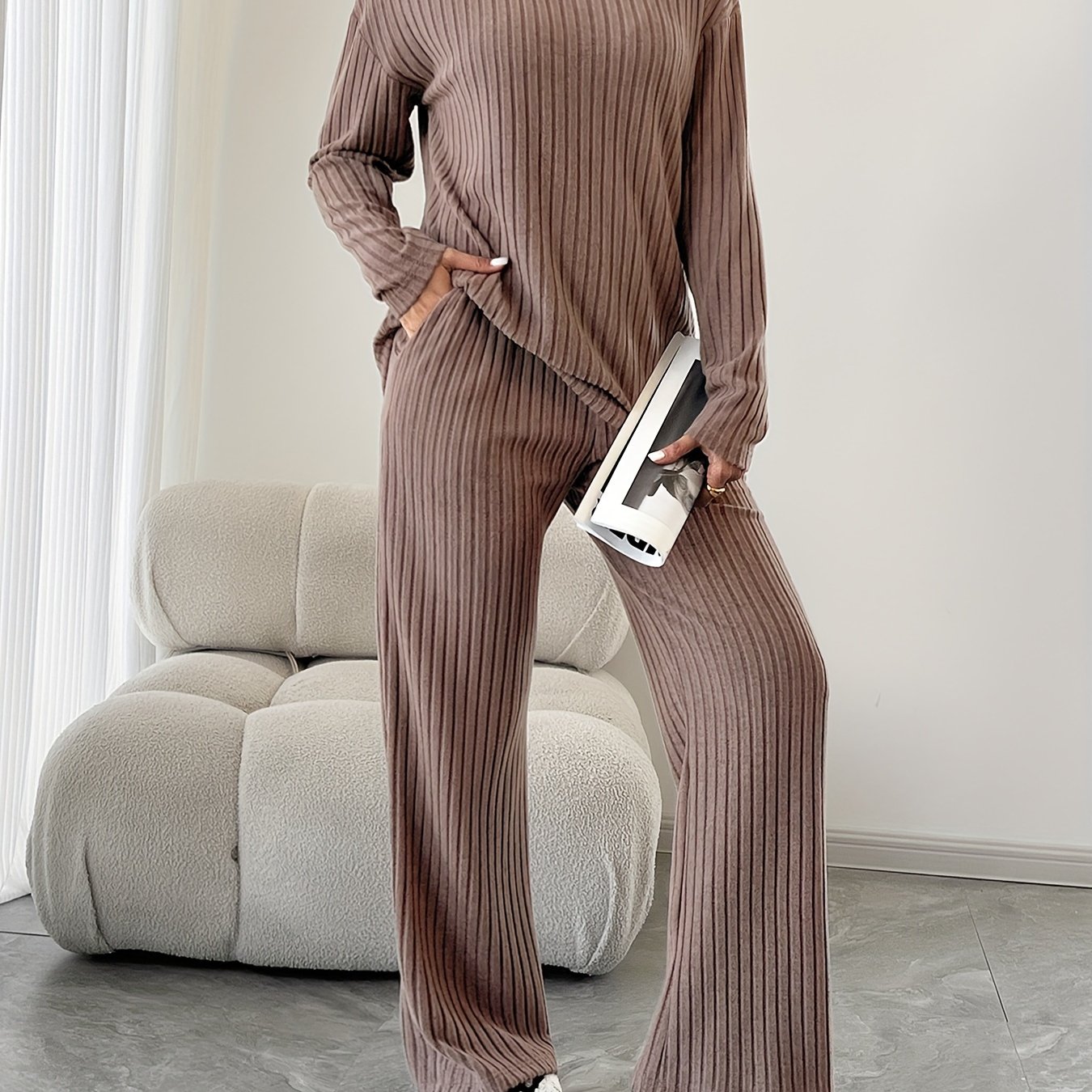 TEMU Rib Knit Solid Color Casual Pantsuits, Long Sleeve V Neck Drop Shoulder Top & High Waist Straight Leg Pants Outfits, Women's Clothing
