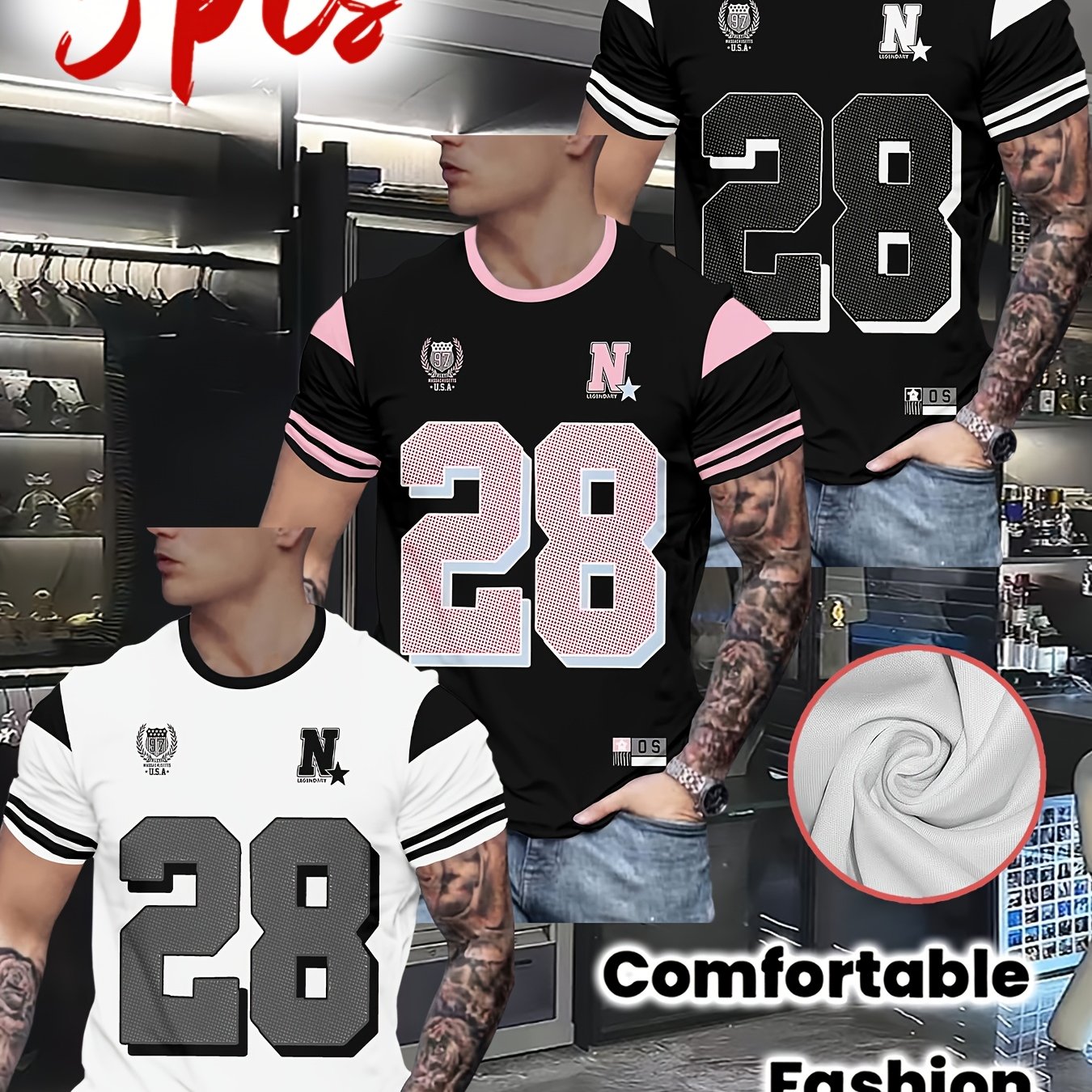 TEMU 3pcss Men's Trendy '' Polka Print 3pcs T-shirt Set With Color Block Decoration, Casual And Versatile Short Sleeves