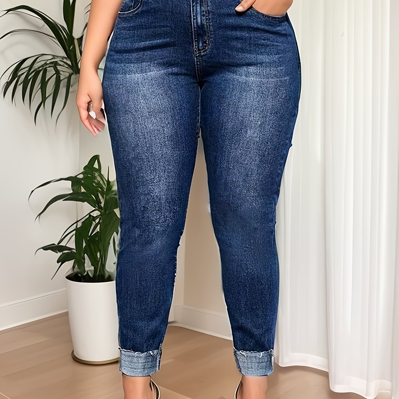 TEMU Jeans Casuales De Talla Grande, Jeans Ajustados Elásticos De Talle Alto Y Bragueta Con Botones Enrollados Lavados Para Mujer Plus