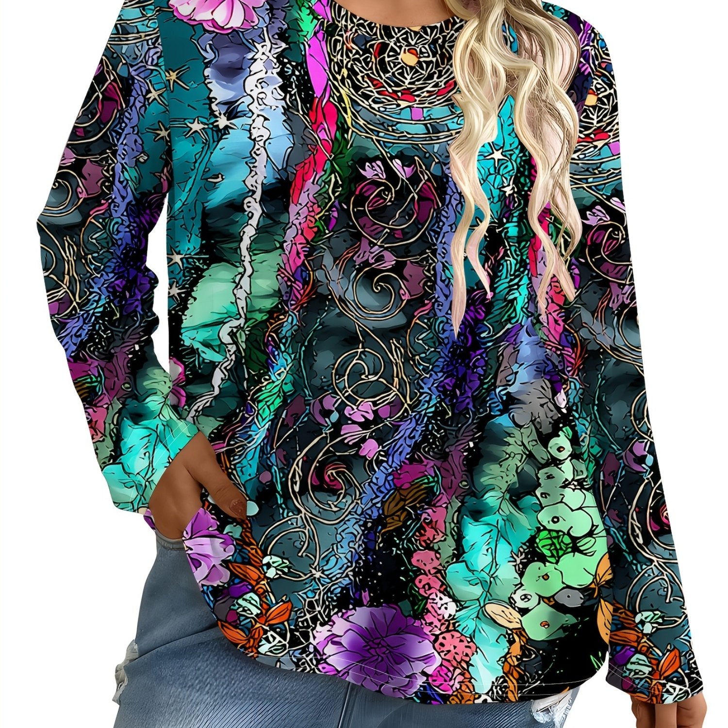 TEMU Plus Size - Plus Size - Elegant Directional Women's Fashion Round Neck Floral Print Top Casual Fall Winter Long Sleeve Top T-shirt