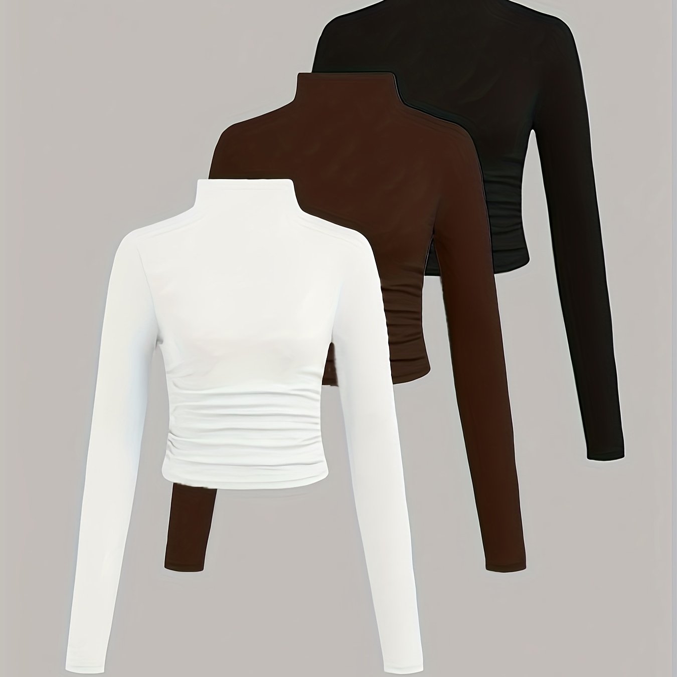 TEMU Set da 3 pezzi maglietta a base da a e maniche lunghe, top T-shirt versatile aderente con arricciature