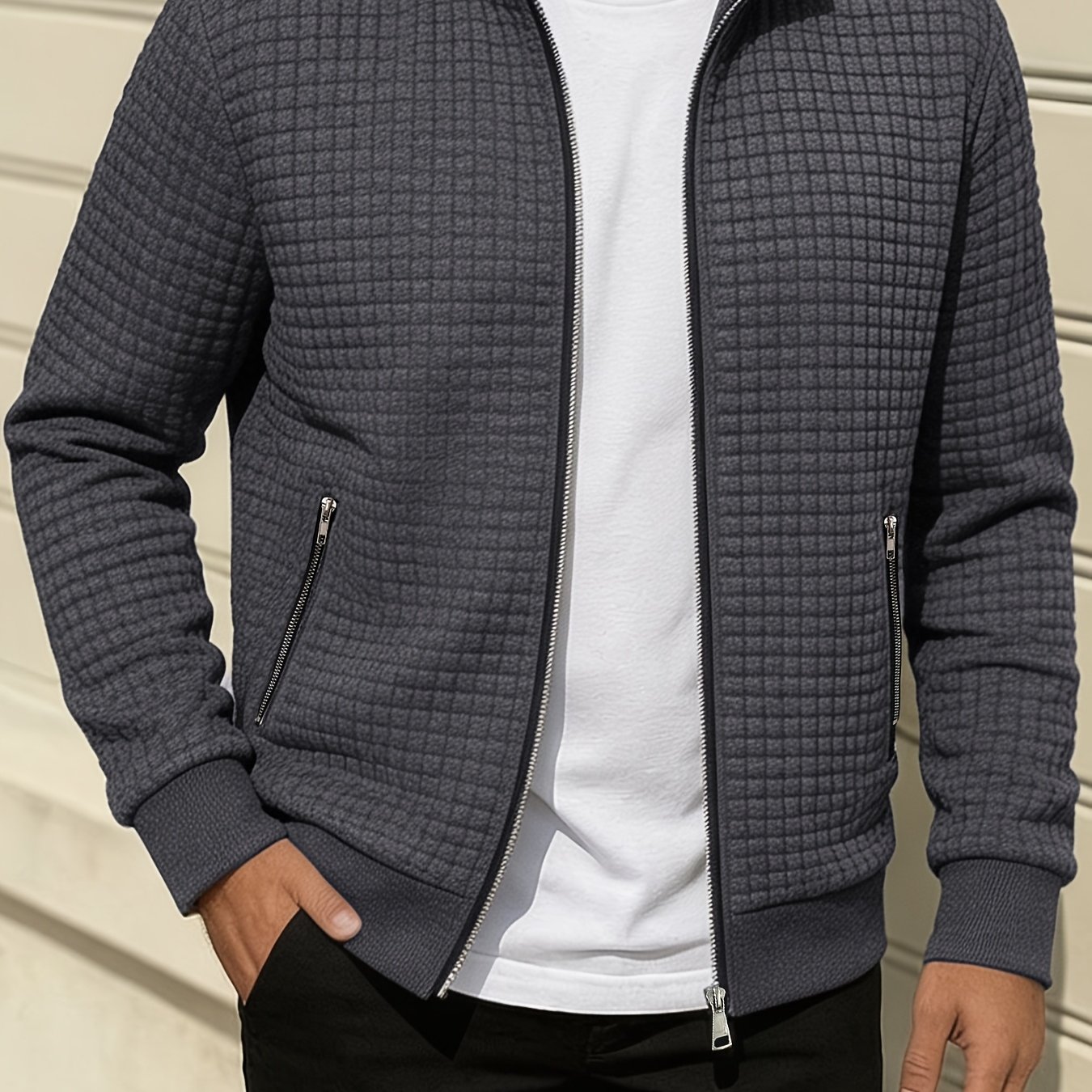 TEMU Spring/autumn ' Color Lapel Waffle Knit Long Sleeve Zipper Jacket, Comfortable And Breathable Outdoor Sports Men's Outerwear, Practical Jacket