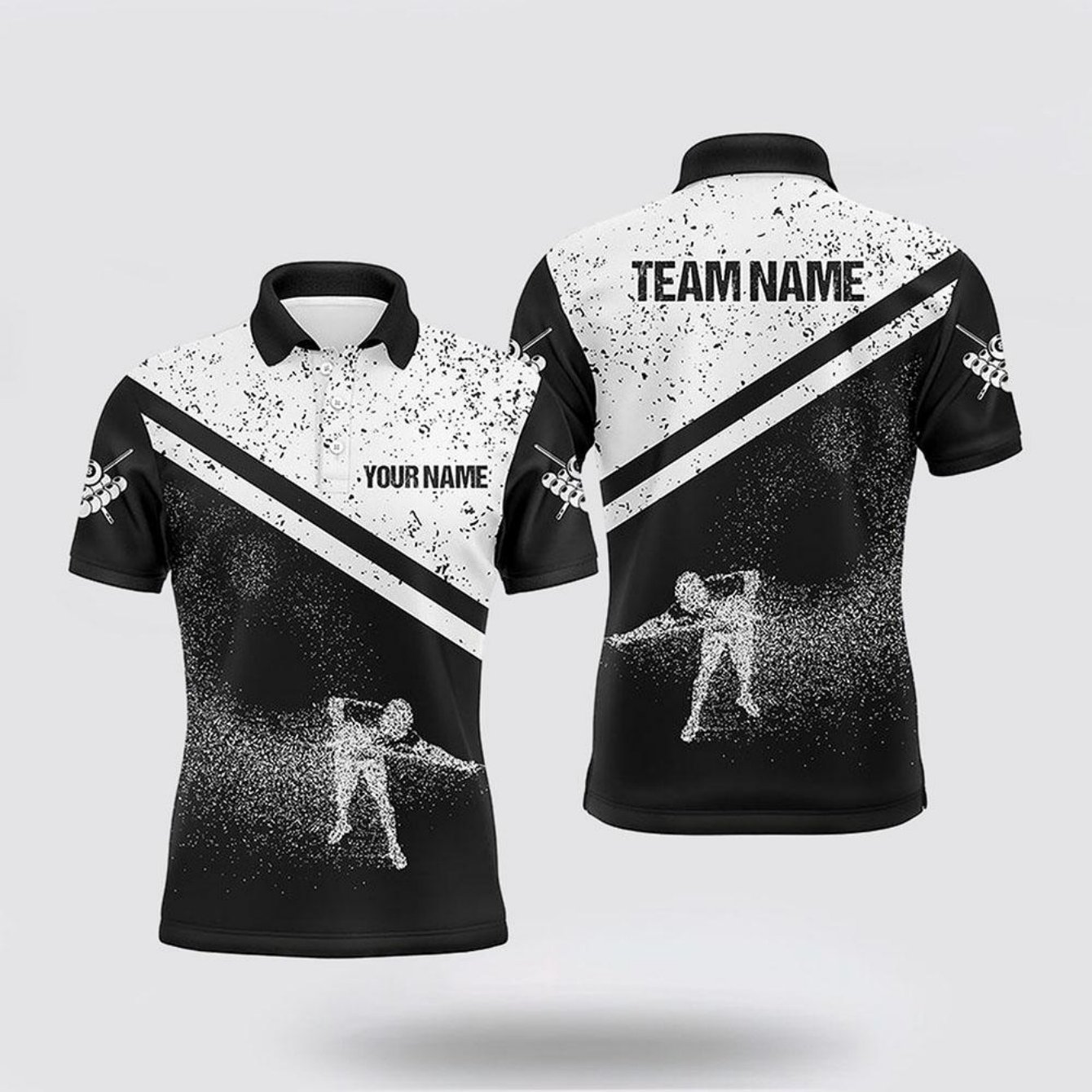 TEMU Men's Custom Billiard Pool Player Shirt - Personalized Team/name Printing, Durable & Breathable, Black & White With Pool Cues & Balls Print,