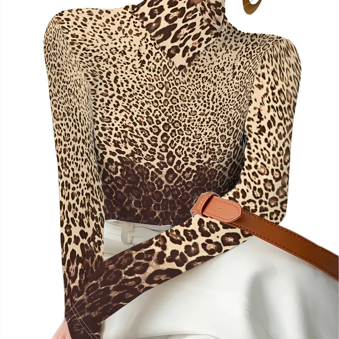 TEMU Cross Half-high Neck Long-sleeve Top With A Stylish And Unique Leopard Print Design, Featuring A Slim-fit Silhouette That The Figure. Suitable