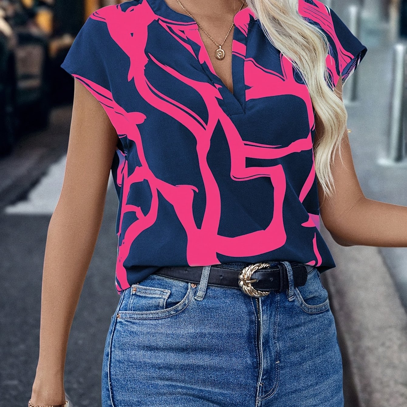 Women's Irregular Neckline Print Summer Casual Short Sleeve Shirt, Short Sleeve Top