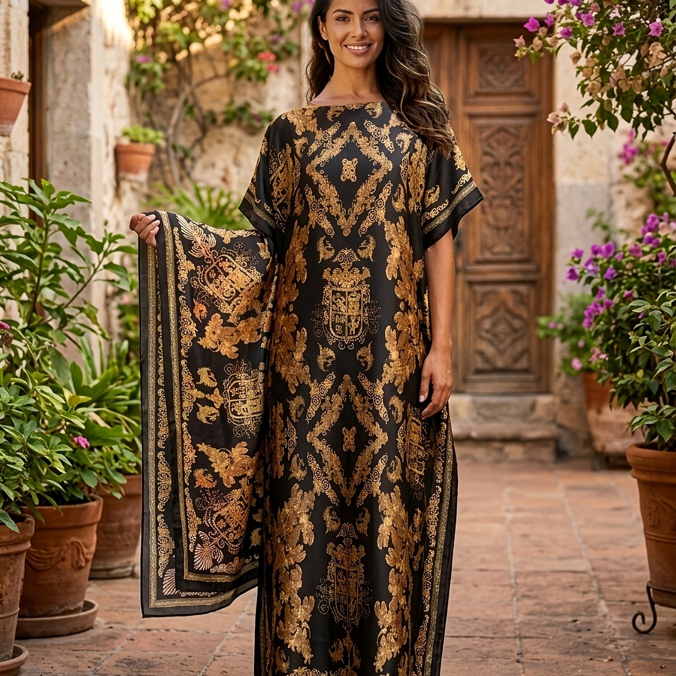 TEMU Plus Size, Women's Black And Golden Printed Robe Dress With Shawl Collar, Batwing Sleeves, Long Straight Loose Fit, Suitable For Formal