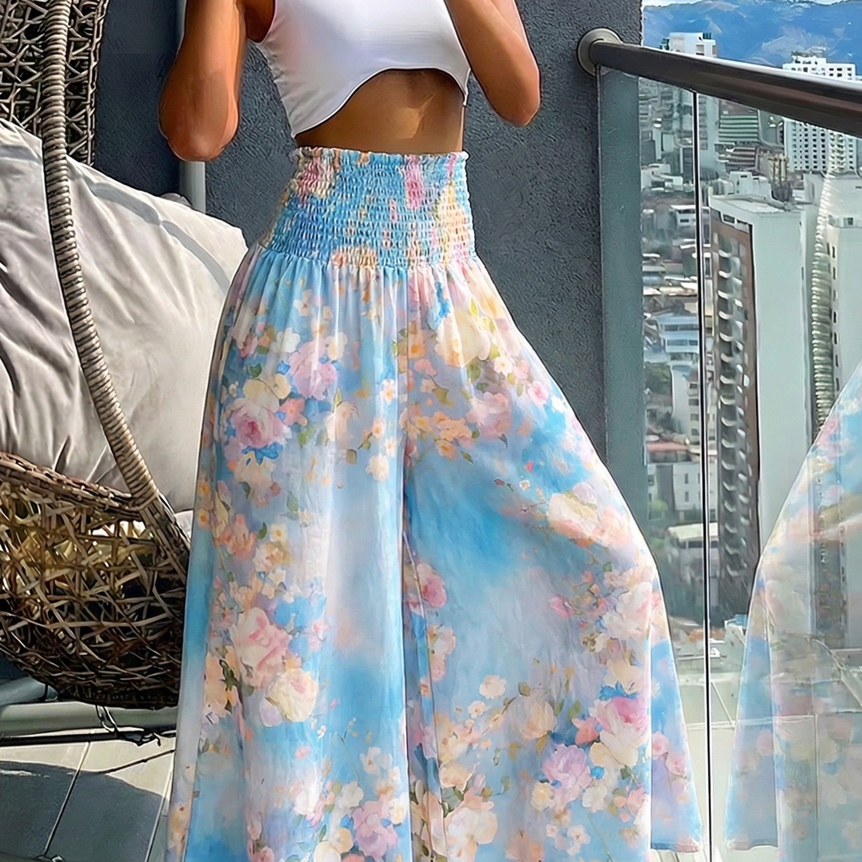 TEMU Women's Watercolor Floral Wide Leg Pants, High Waist Smocked A-line Palazzo Pants, Casual Summer Beach Trousers