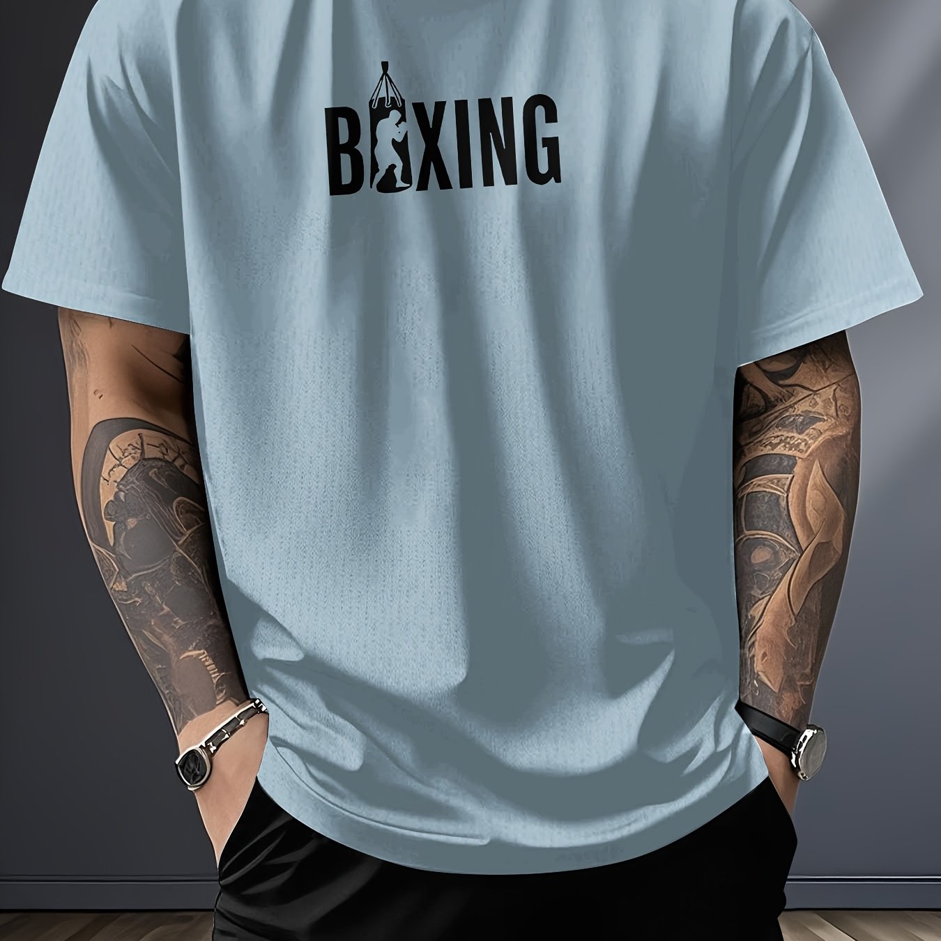 TEMU Men's Boxer Print T-shirt - American Sportswear Suitable For Gym, Boxing Training & Casual Wear - Round Neck Athletic Tee With Boxer, Machine