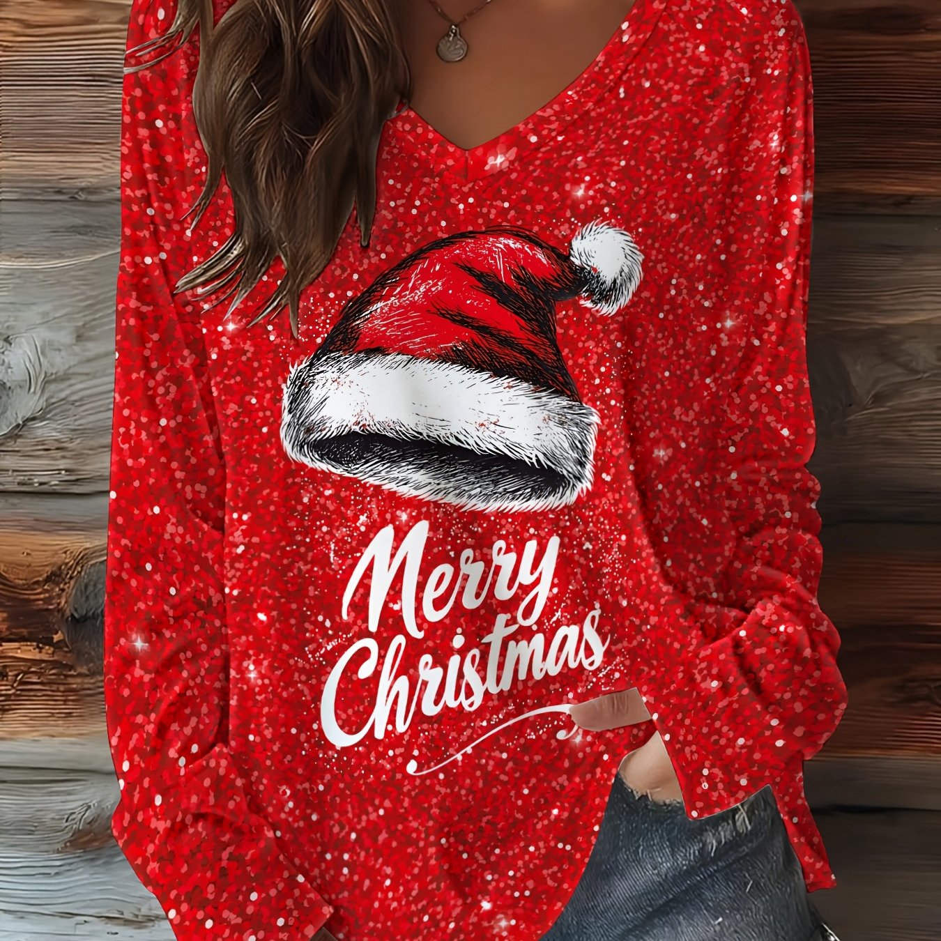 Christmas Special Edition: Shine Bright This ! Festive Atmosphere At Its Best - Red V-neck Long Sleeve With Santa Hat Print