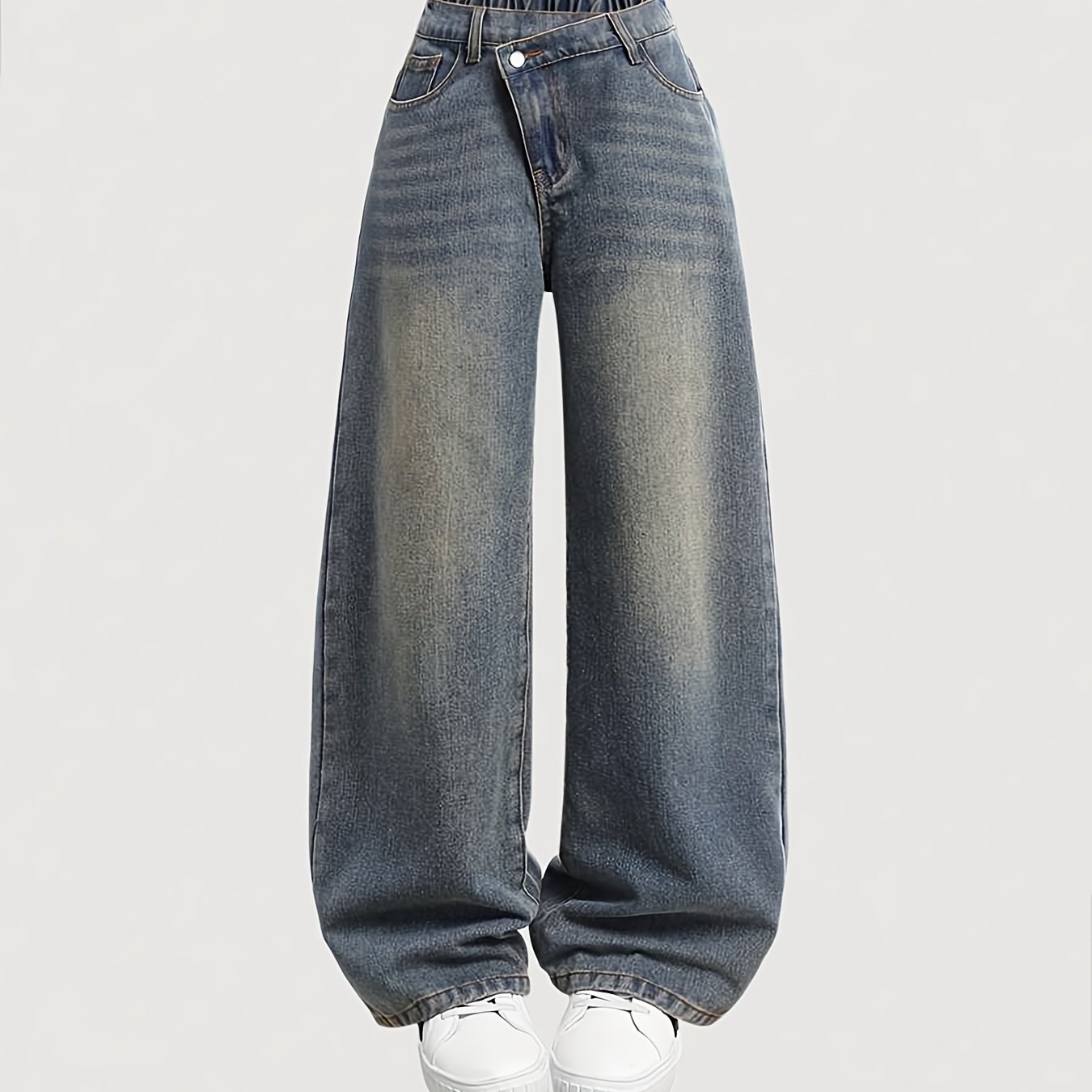 Image of Girls' Fashion Straight-leg Wide-leg Jeans Retro Casual Slant Pants Asymmetrical Design Jeans Long Trousers