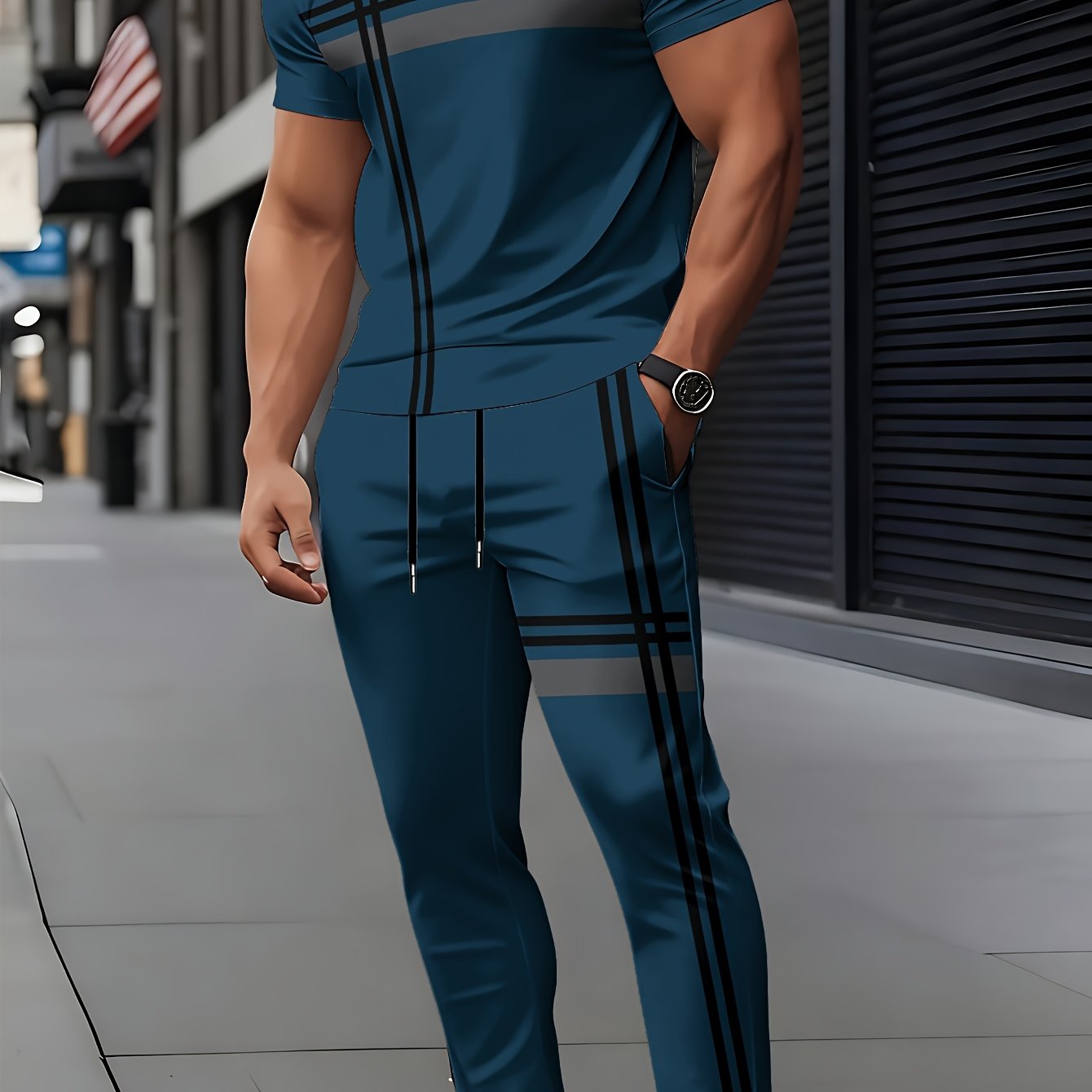 TEMU Men's Suit Set Featuring Short-sleeved Round-neck T-shirt And Pants With 3d Prints. And Casual Round-neck Design Incorporates Slightly Elastic