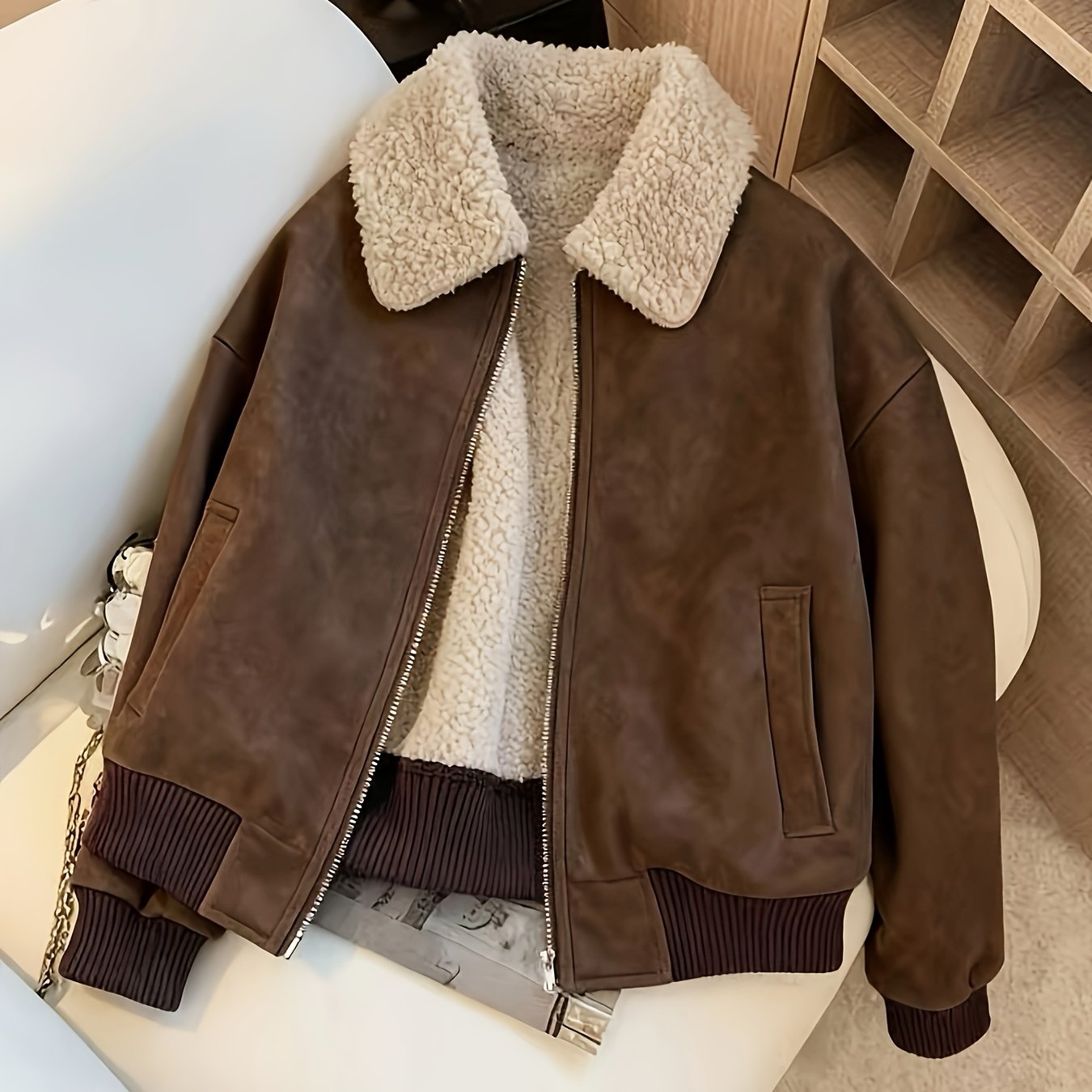 TEMU Elegant Directional Women's Autumn Winter Brown Casual Jacket, Fabric Combined With Teddy Bear Plush, Drop Shoulder Zipper Lapel Side Pockets