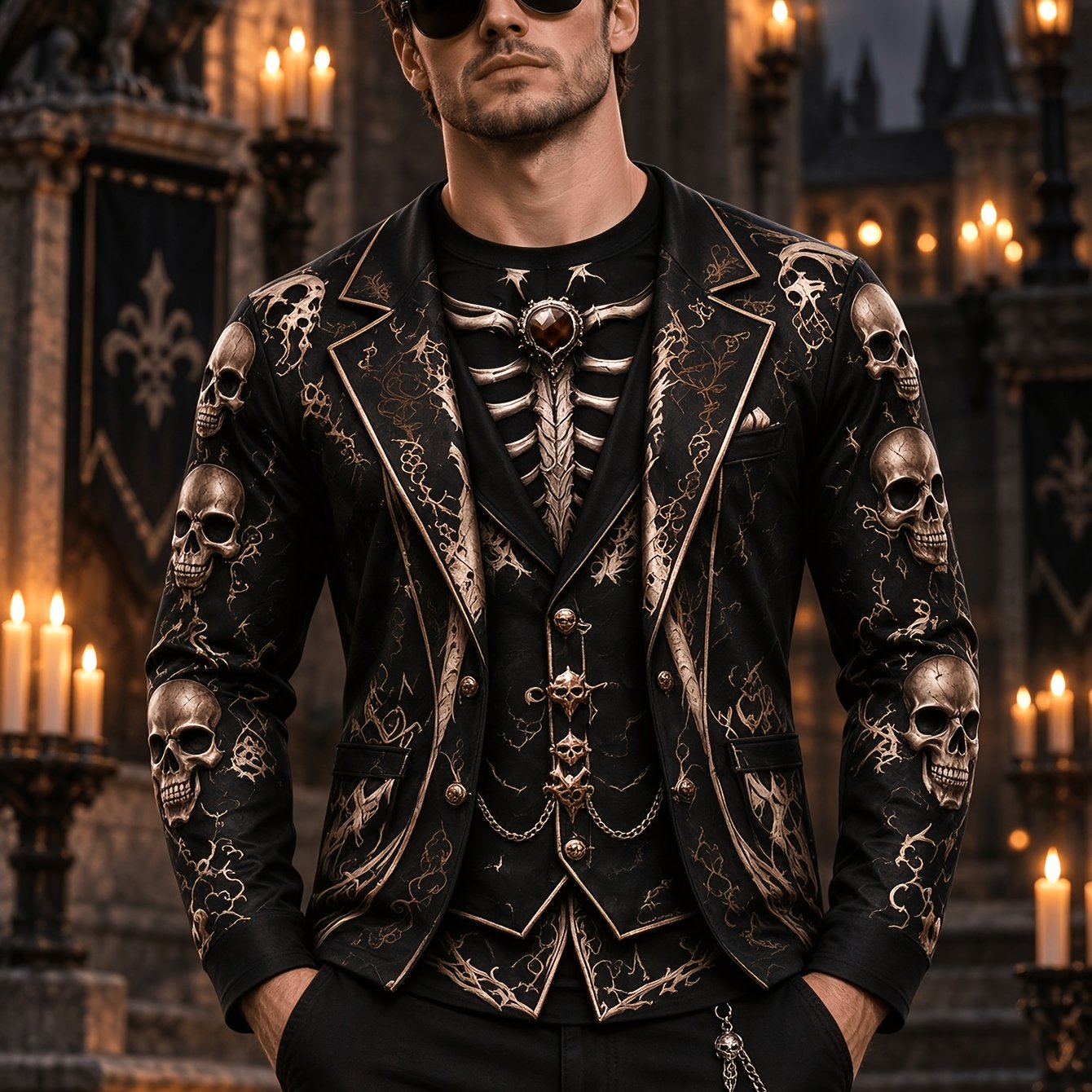 TEMU [print Design - No Texture] Men's Homewear Top Long Sleeve Fake 3pcs Printed Top Skeleton Pattern Halloween Party Costume