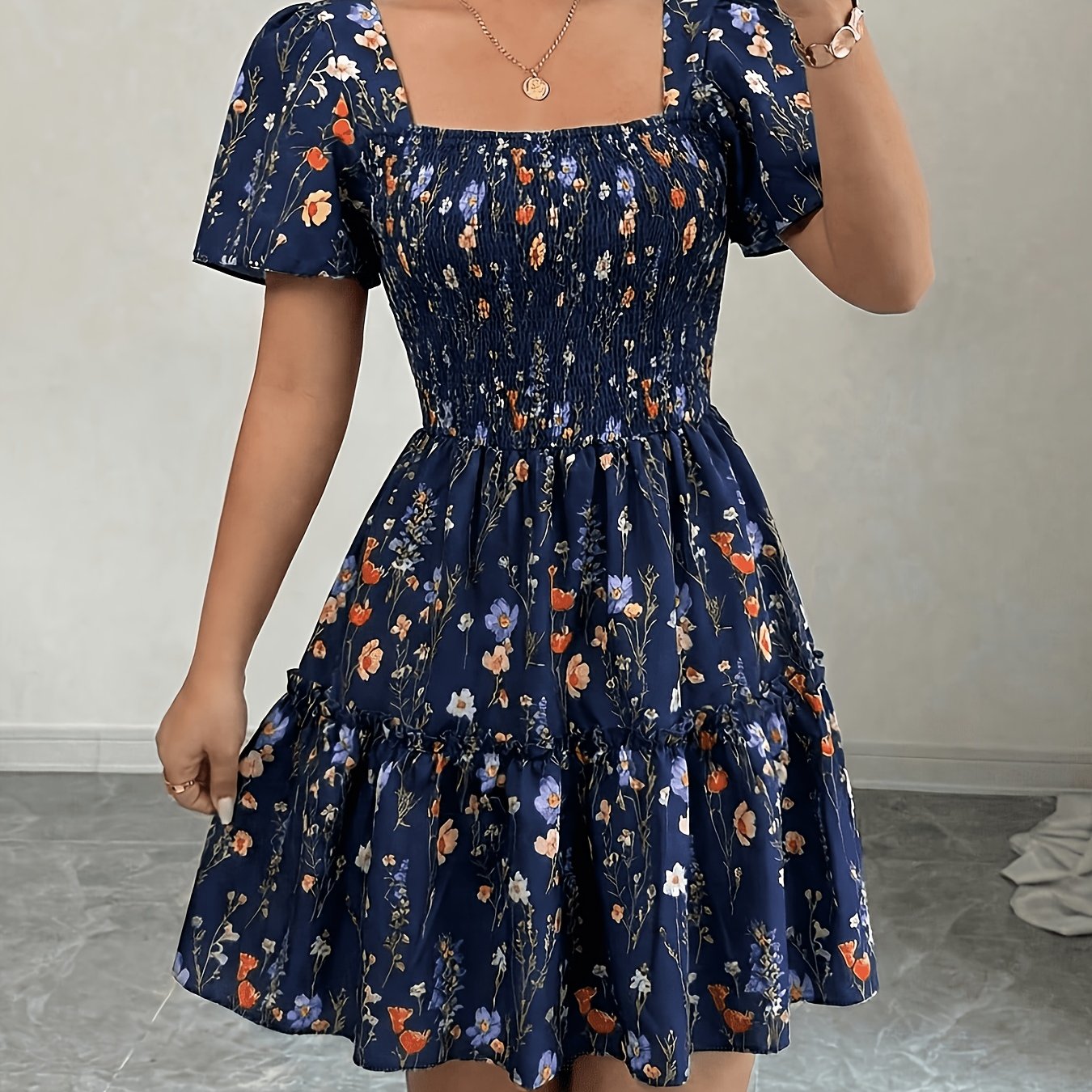 TEMU Fashionable And Elegant Floral Print Wrap Dress For Women 652